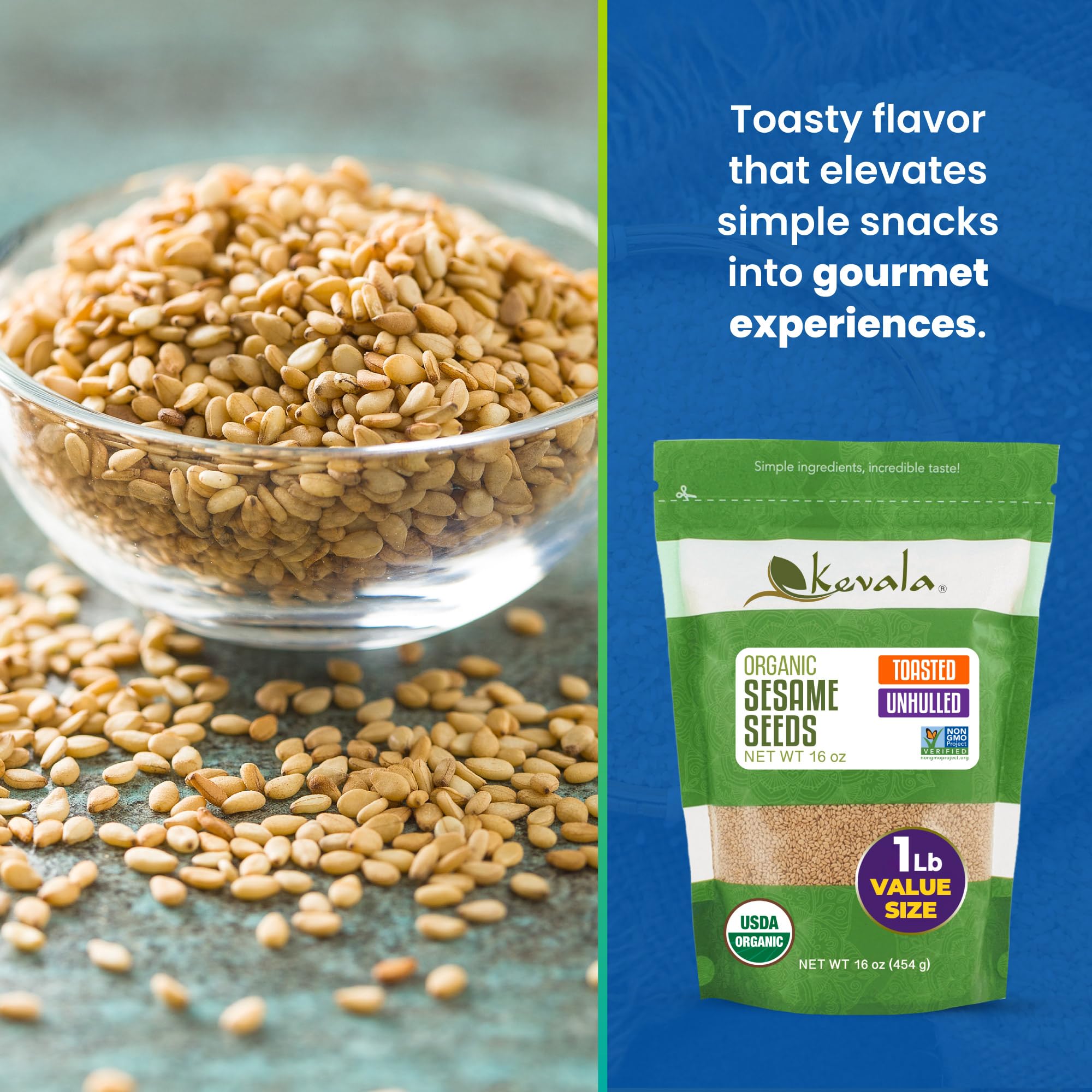 Kevala sesame seeds label close-up, emphasizes organic, kosher, and non-GMO quality.