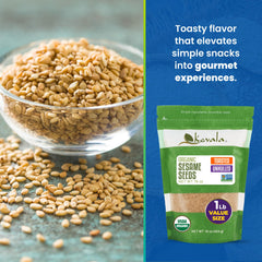 Kevala sesame seeds label close-up, emphasizes organic, kosher, and non-GMO quality.