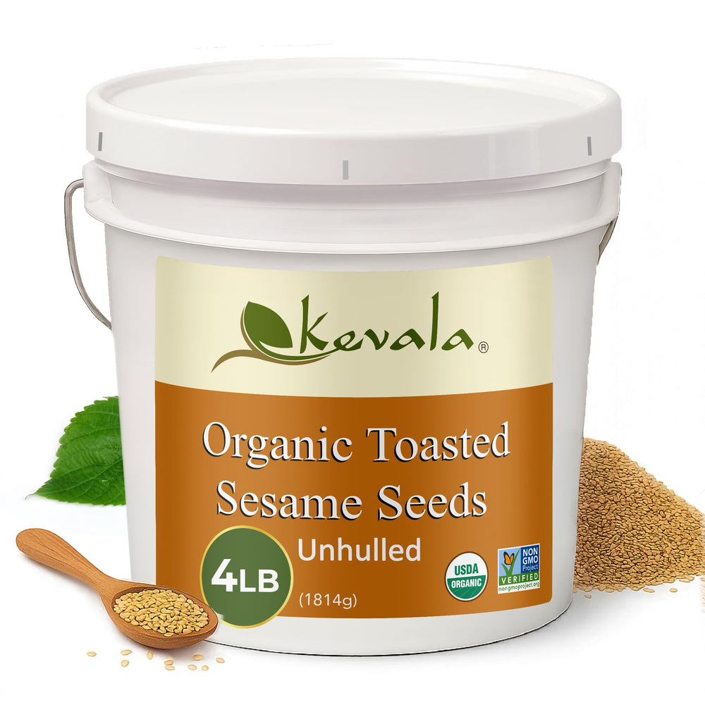 Kevala toasted sesame seeds packaging indicating premium organic sesame for home cooks