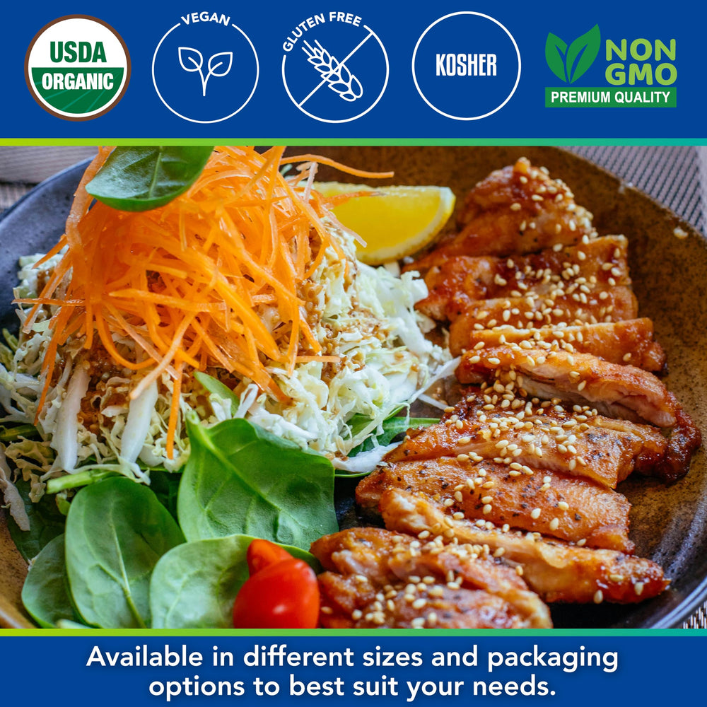 Kevala Organic toasted sesame seeds in resealable bag, preserves freshness after opening.