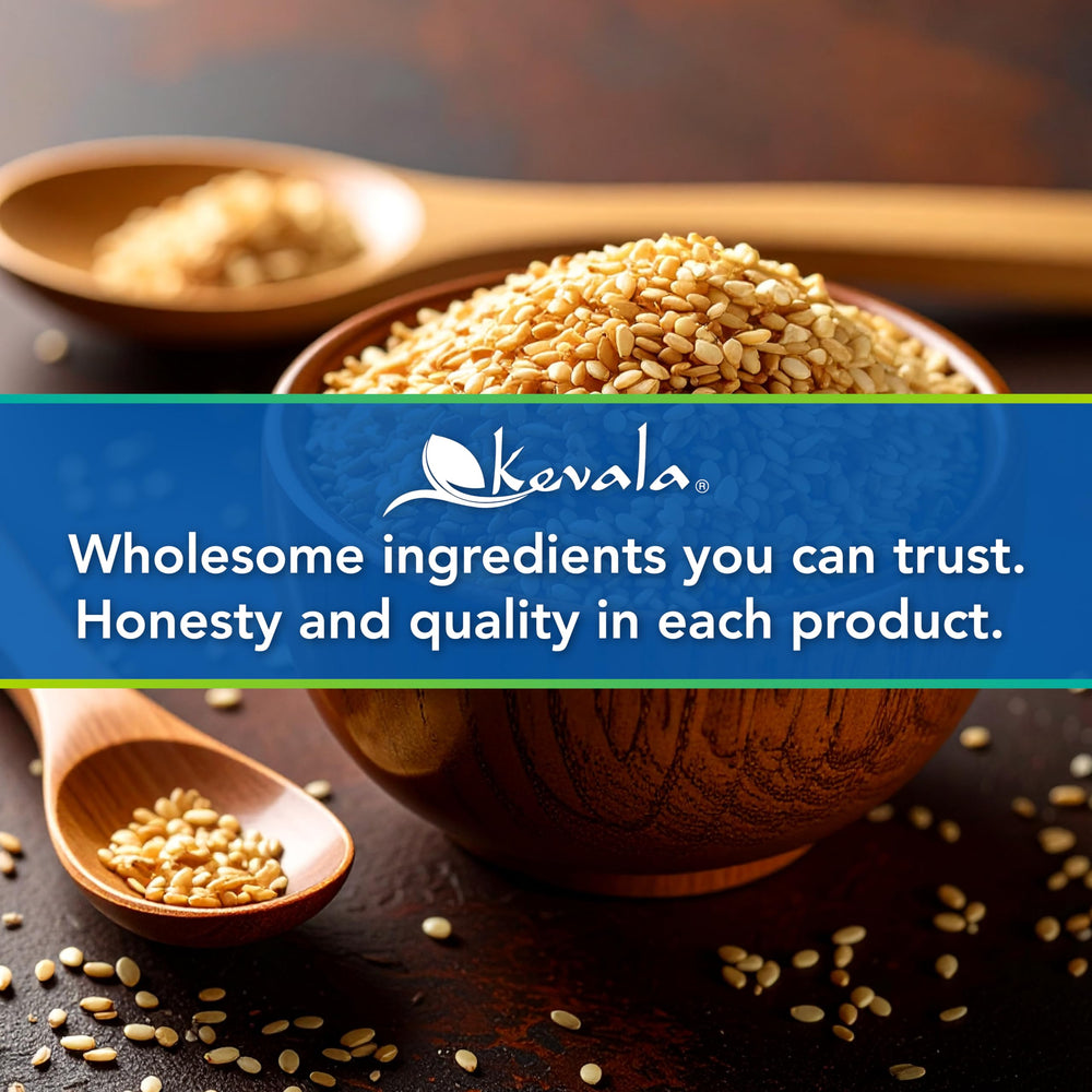 Kevala sesame seeds atop greens, ideal garnish for salads and light meals.