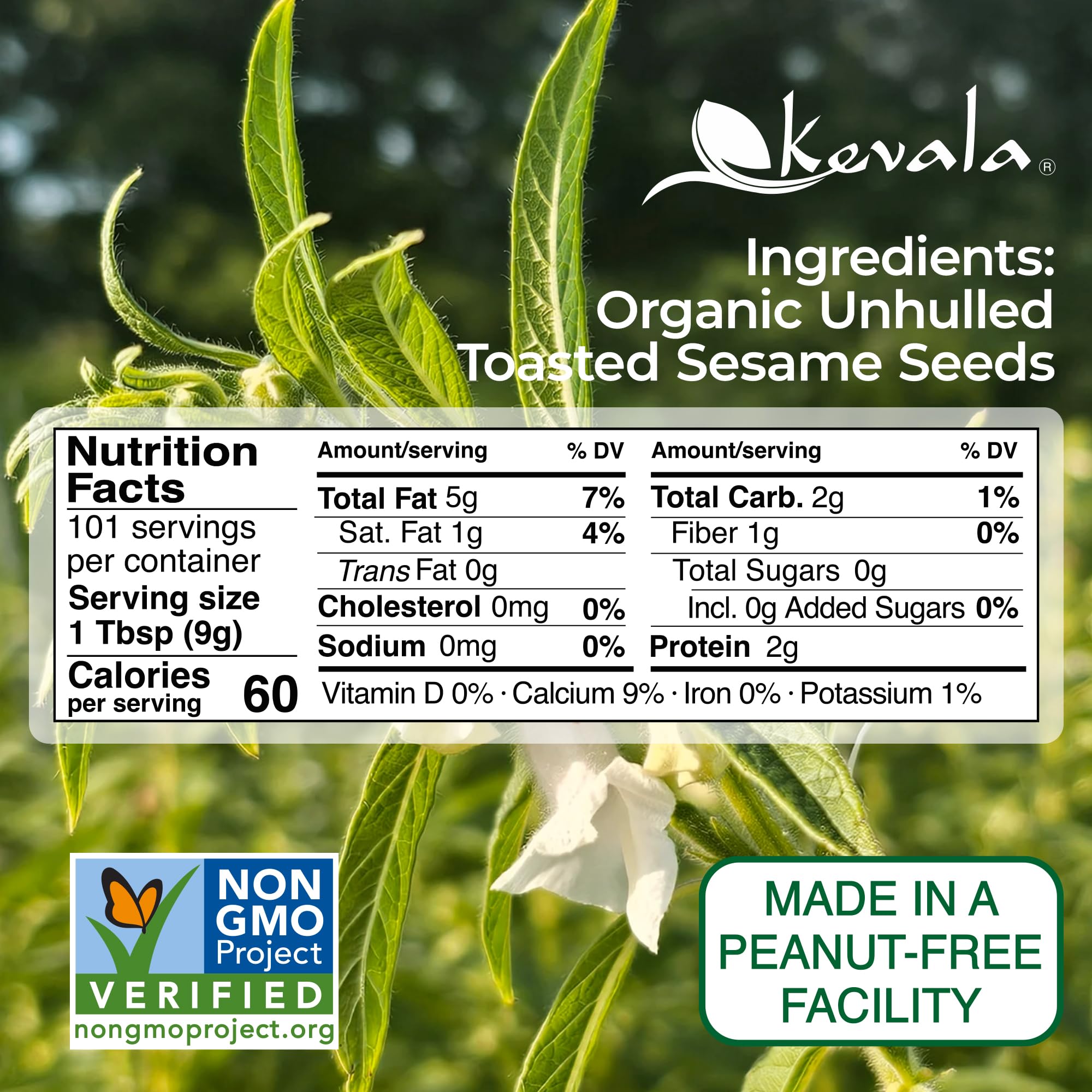 Kevala organic sesame seeds unhulled bag open pour, pre-roasted for quick kitchen prep.