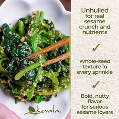 Kevala toasted sesame seeds unhulled closeup roast color and aroma enhance dishes.