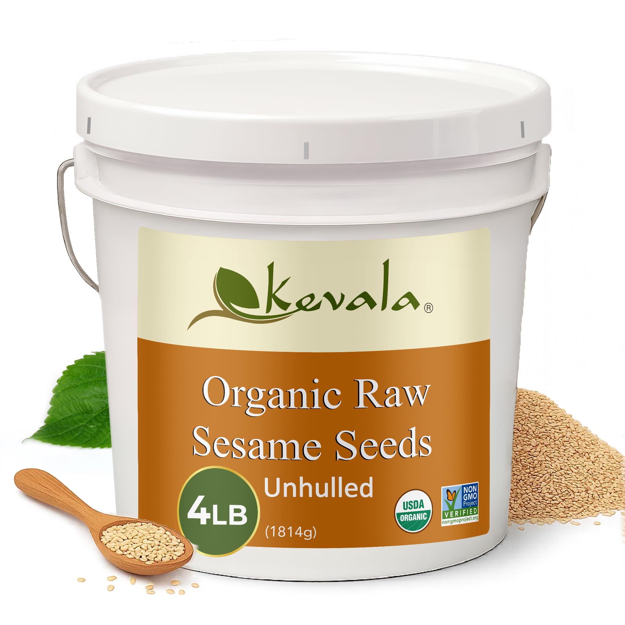 Kevala raw sesame seeds unhulled in bucket for bulk pantry use