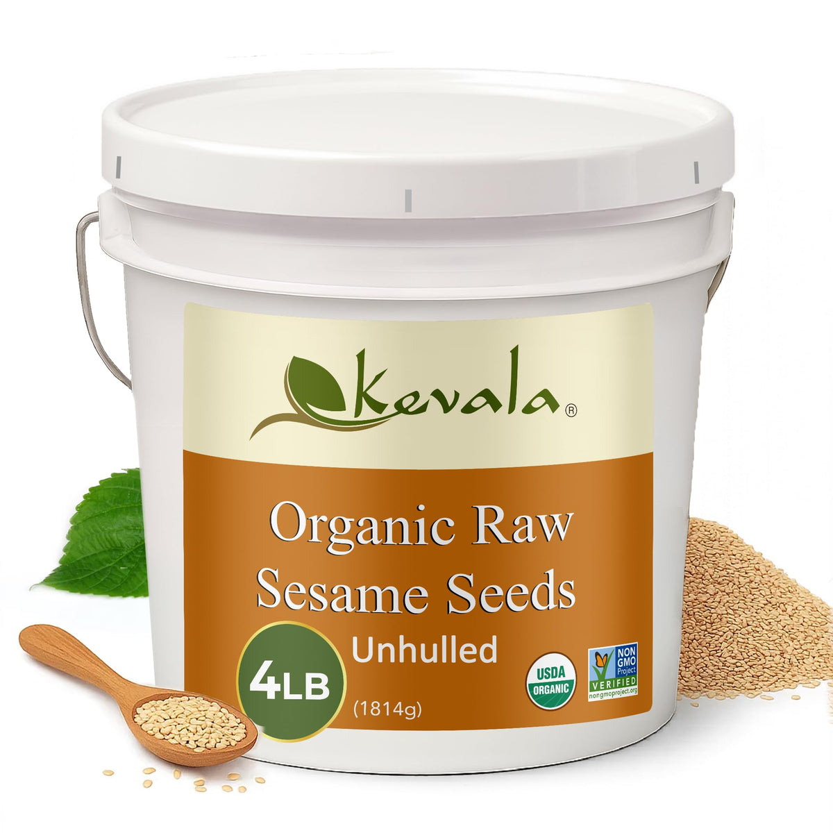 Kevala raw sesame seeds unhulled in bucket for bulk pantry use