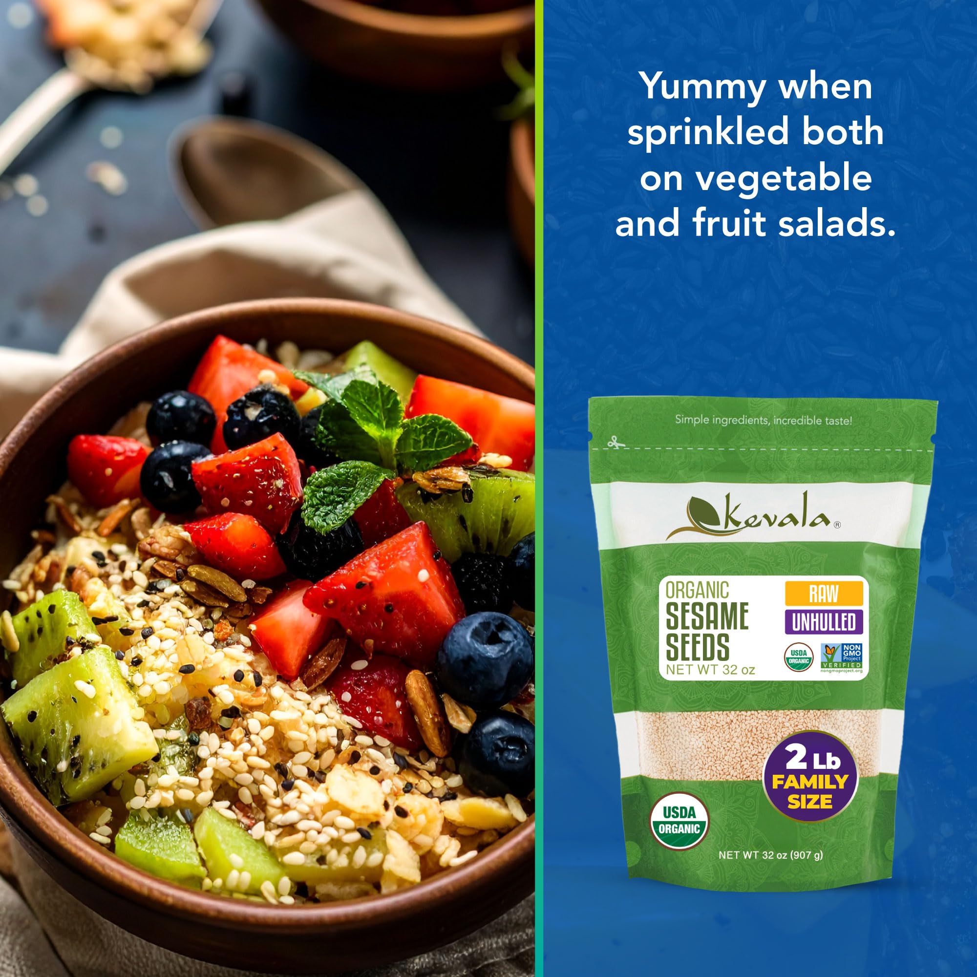 Kevala raw sesame seeds in dressing add crunch and protein boost.