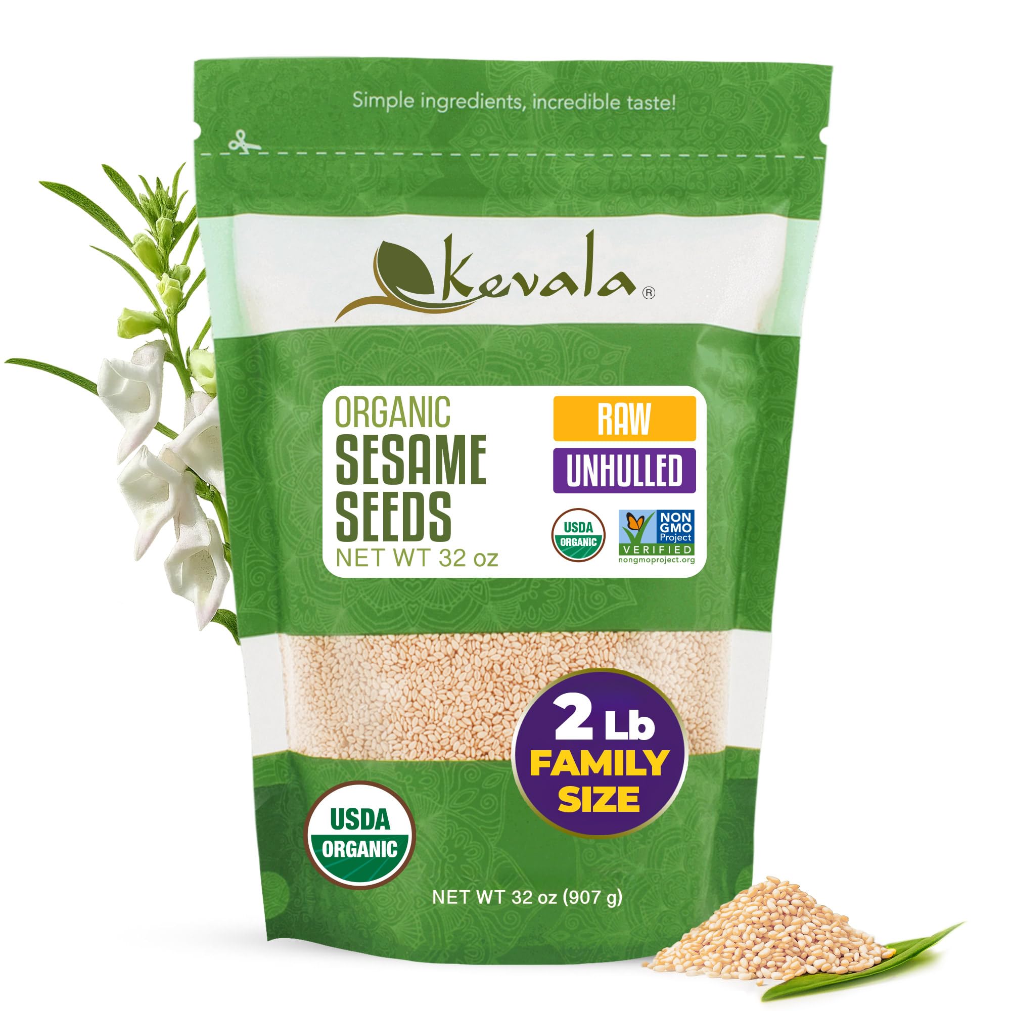 Kevala raw sesame seeds unhulled in front bag showing organic quality and versatility.