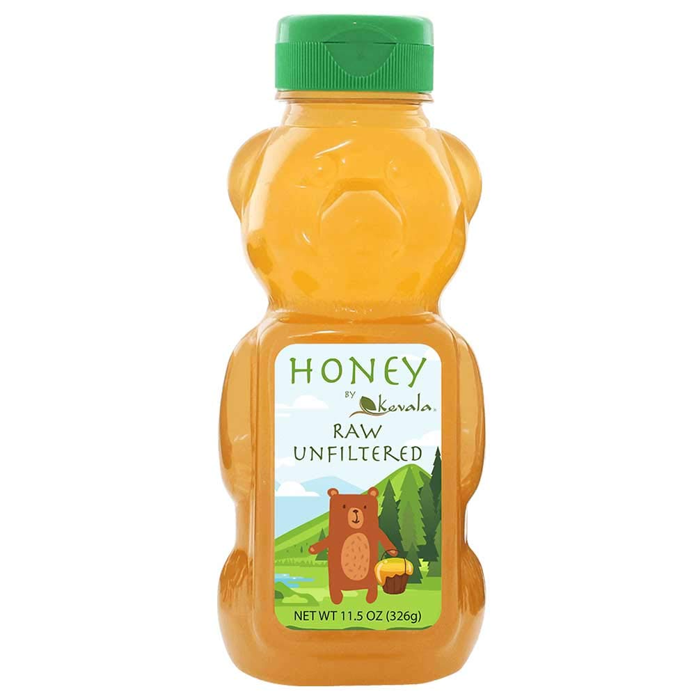 Kevala raw unfiltered honey in a bear bottle cap; easy to squeeze.