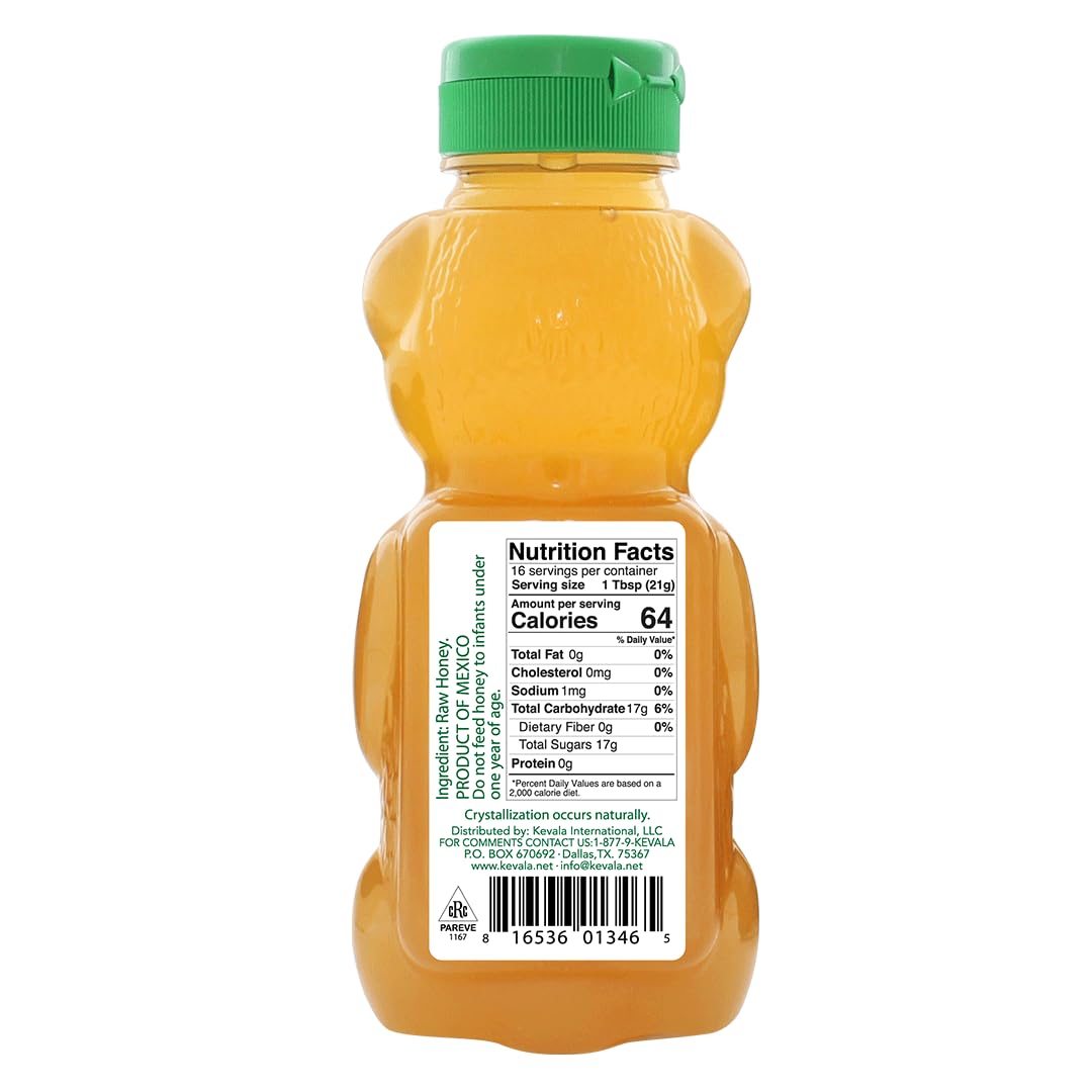 Kevala honey bottle top view shows golden, unfiltered nectar.