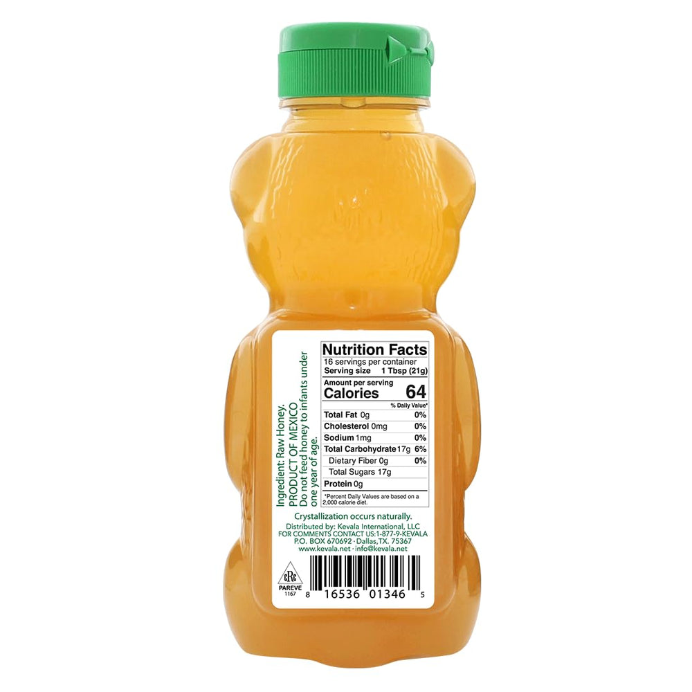 Kevala honey bottle top view shows golden, unfiltered nectar.