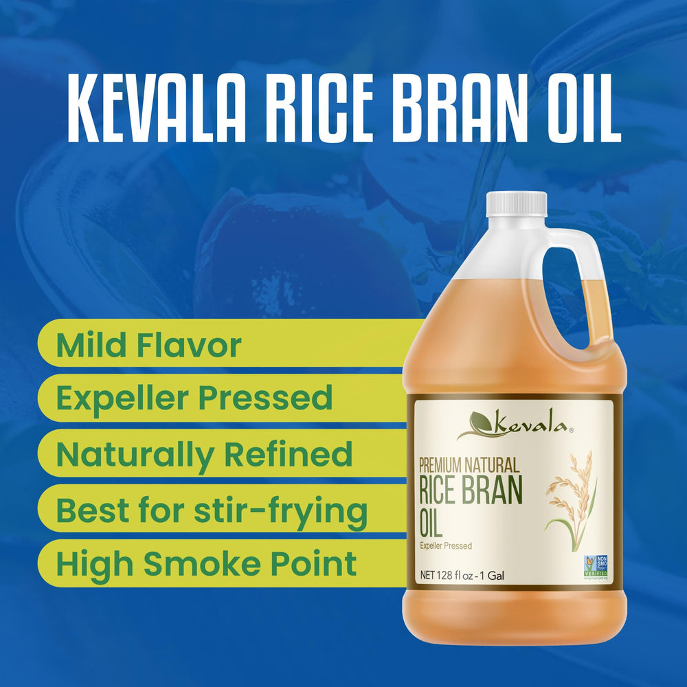 Kevala Rice Bran Oil label—kosher, non-GMO, hexane-free purity.