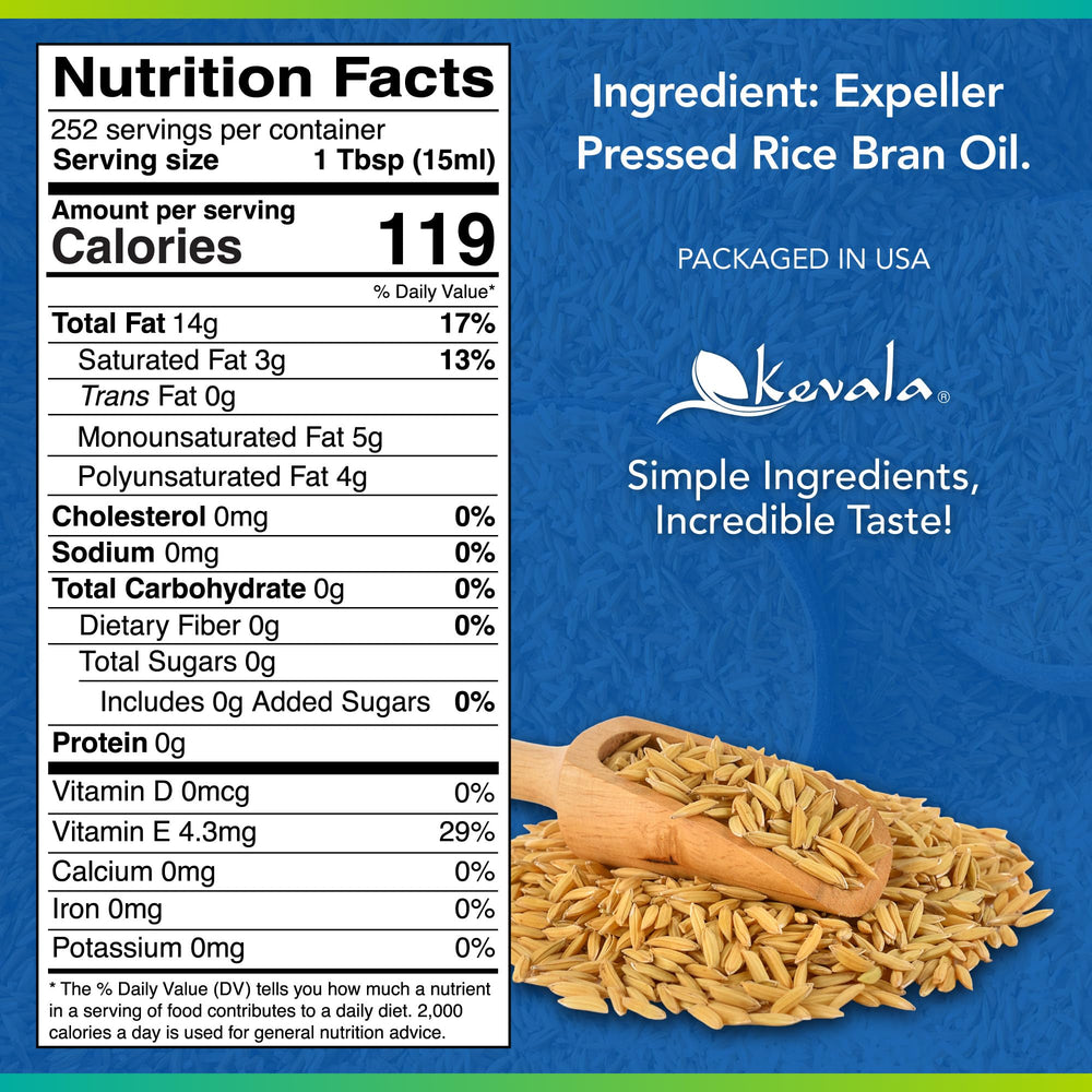 Kevala Rice Bran Oil pour—delicate aroma suited for saute9ing.
