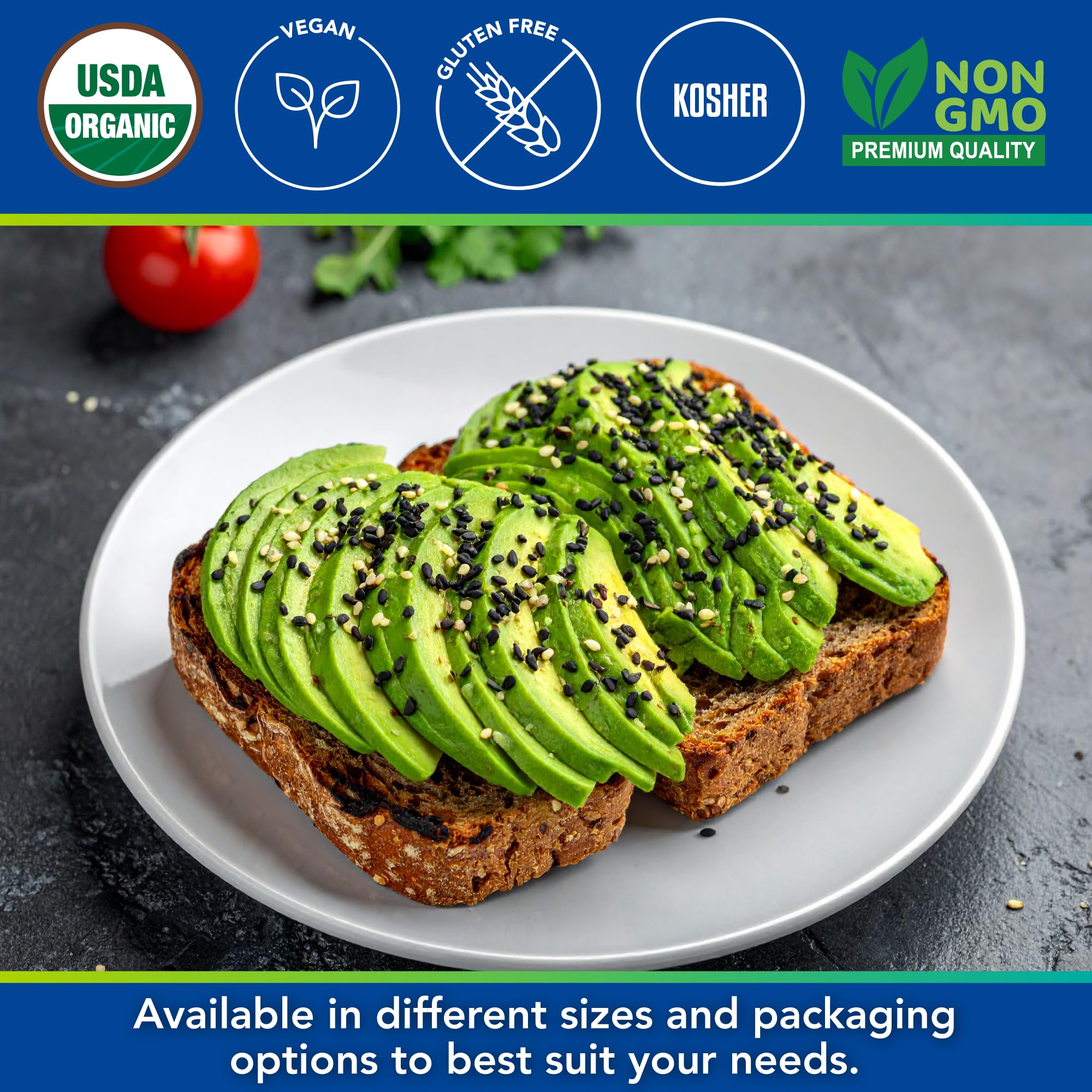 Kevala roasted sesame seeds used to enrich gluten-free dishes.