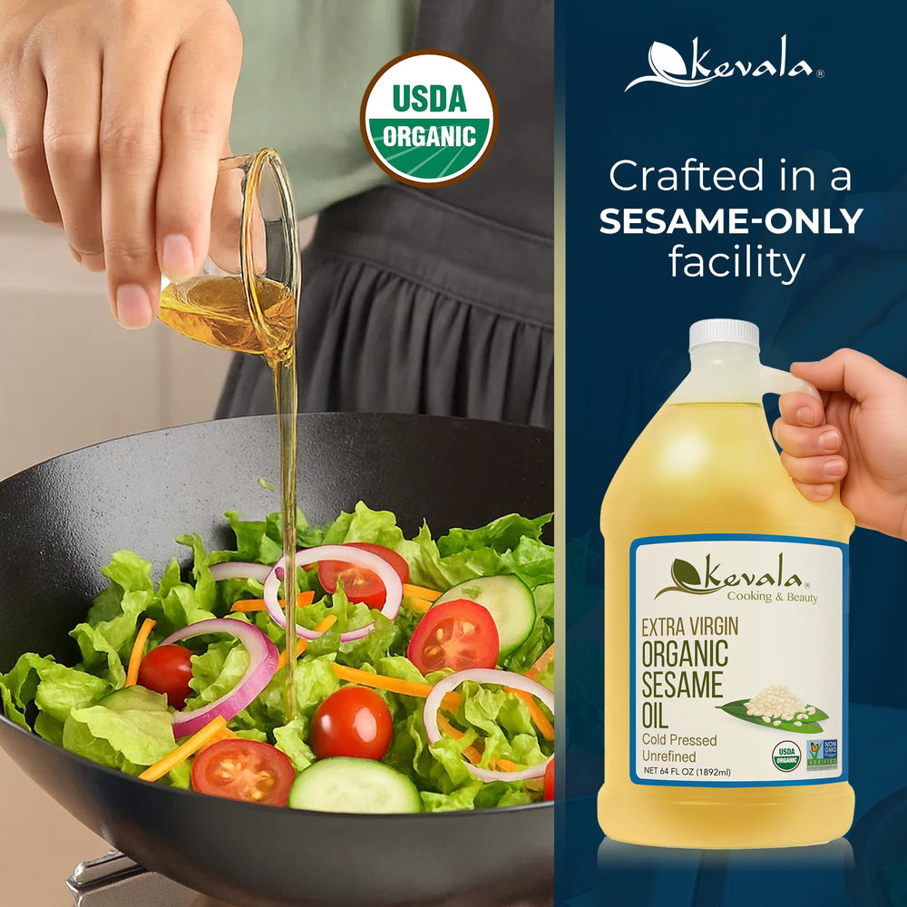 Kevala sesame oil bottle cap closeup shows secure packaging and freshness.