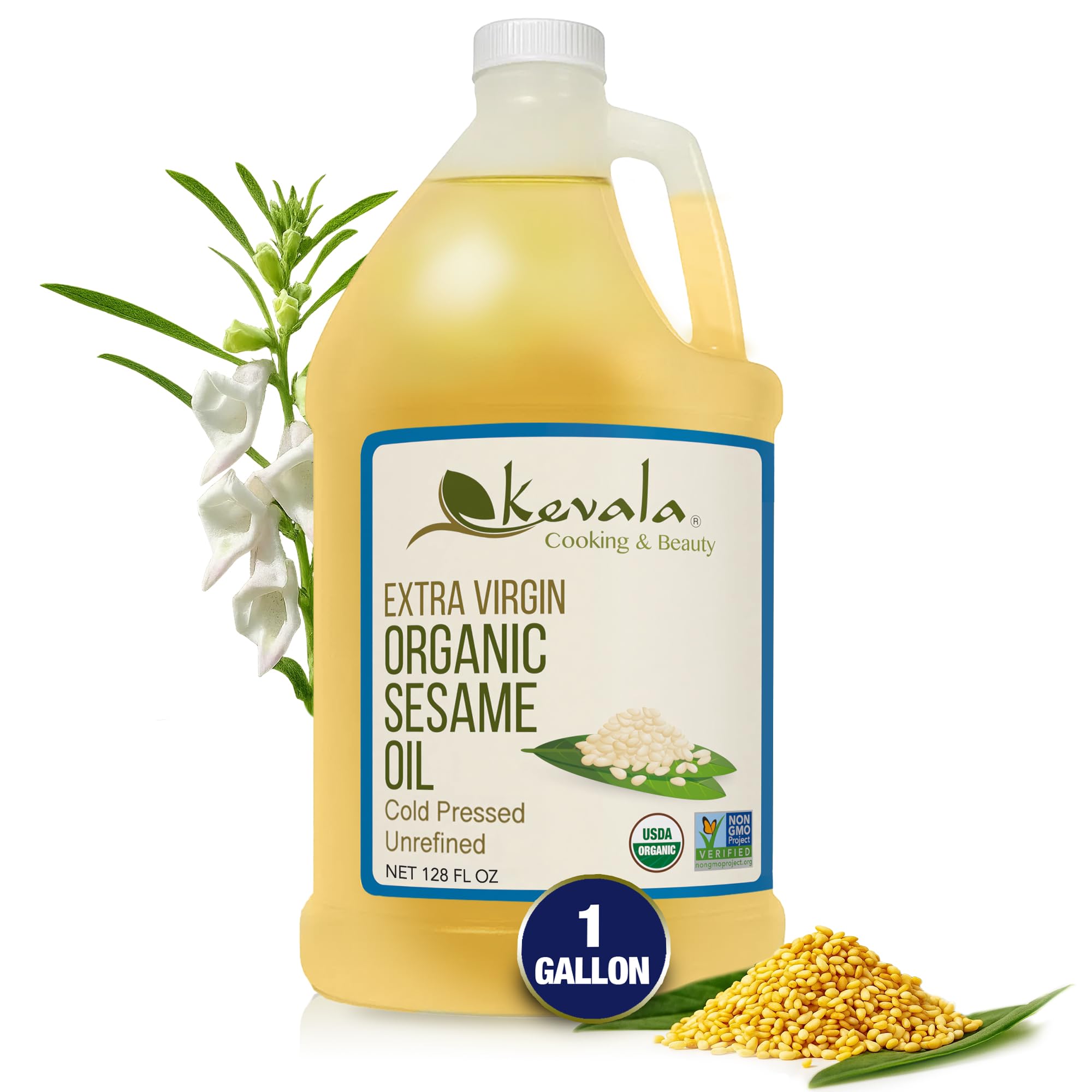 Kevala Organic Sesame Oil bottle front shows pure flavor for everyday cooking.