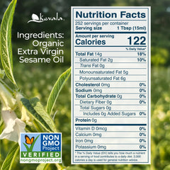 Kevala sesame oil pour closeup highlights smooth drizzle for dressings and sautés.