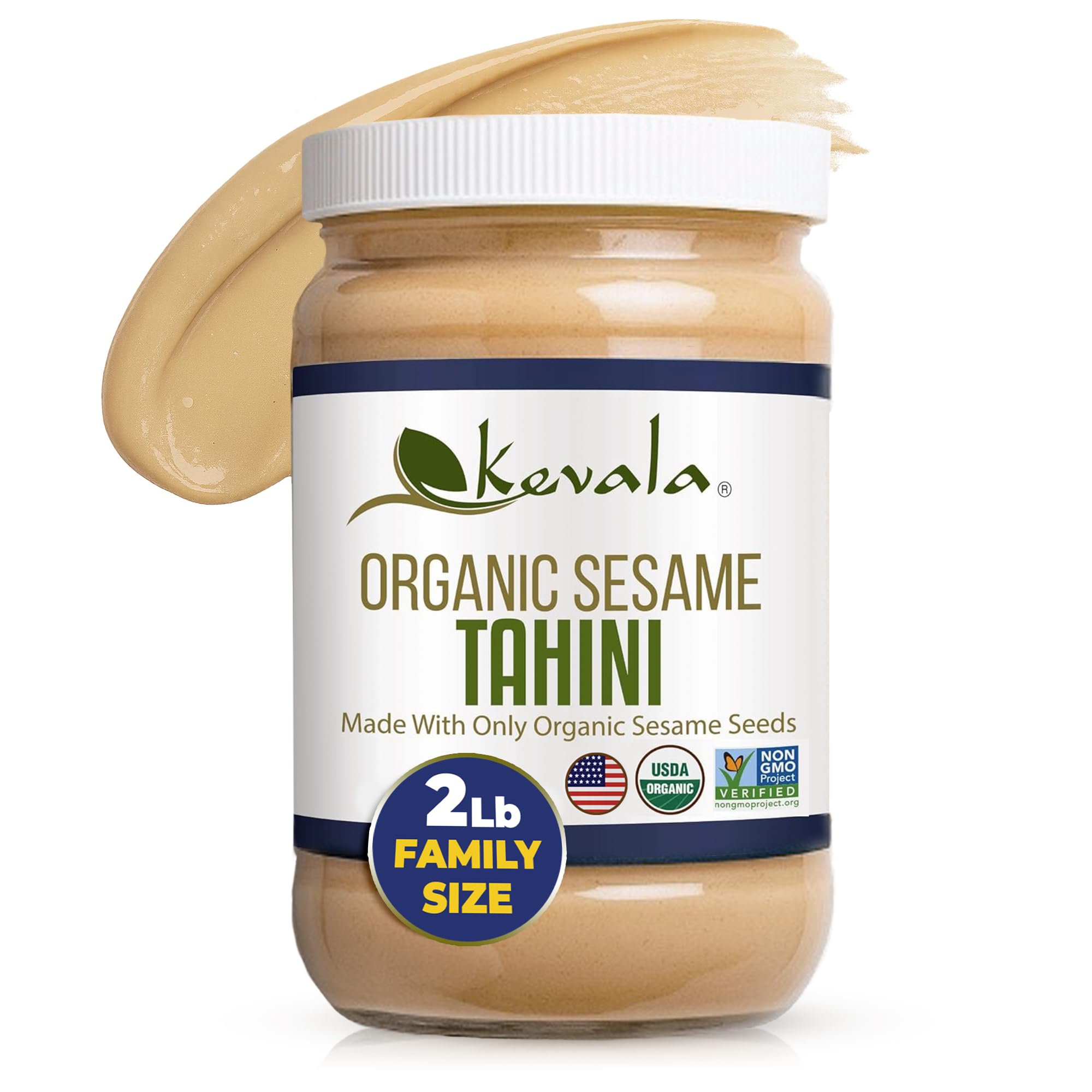Kevala sesame tahini jar label highlights organic, non-GMO, and kosher certifications.