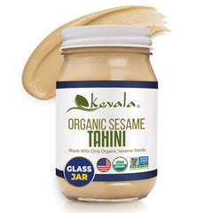 Kevala Organic Tahini in a glass jar showing smooth texture for spreads