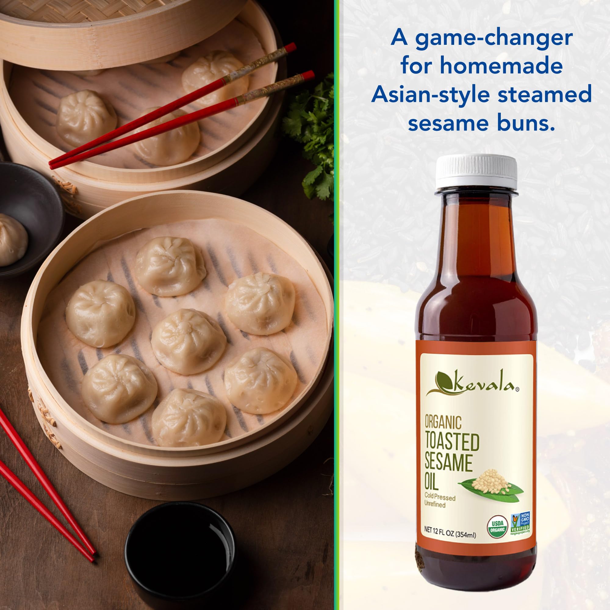 Kevala Toasted Sesame Oil packaging label highlights vegan and non-GMO qualities.