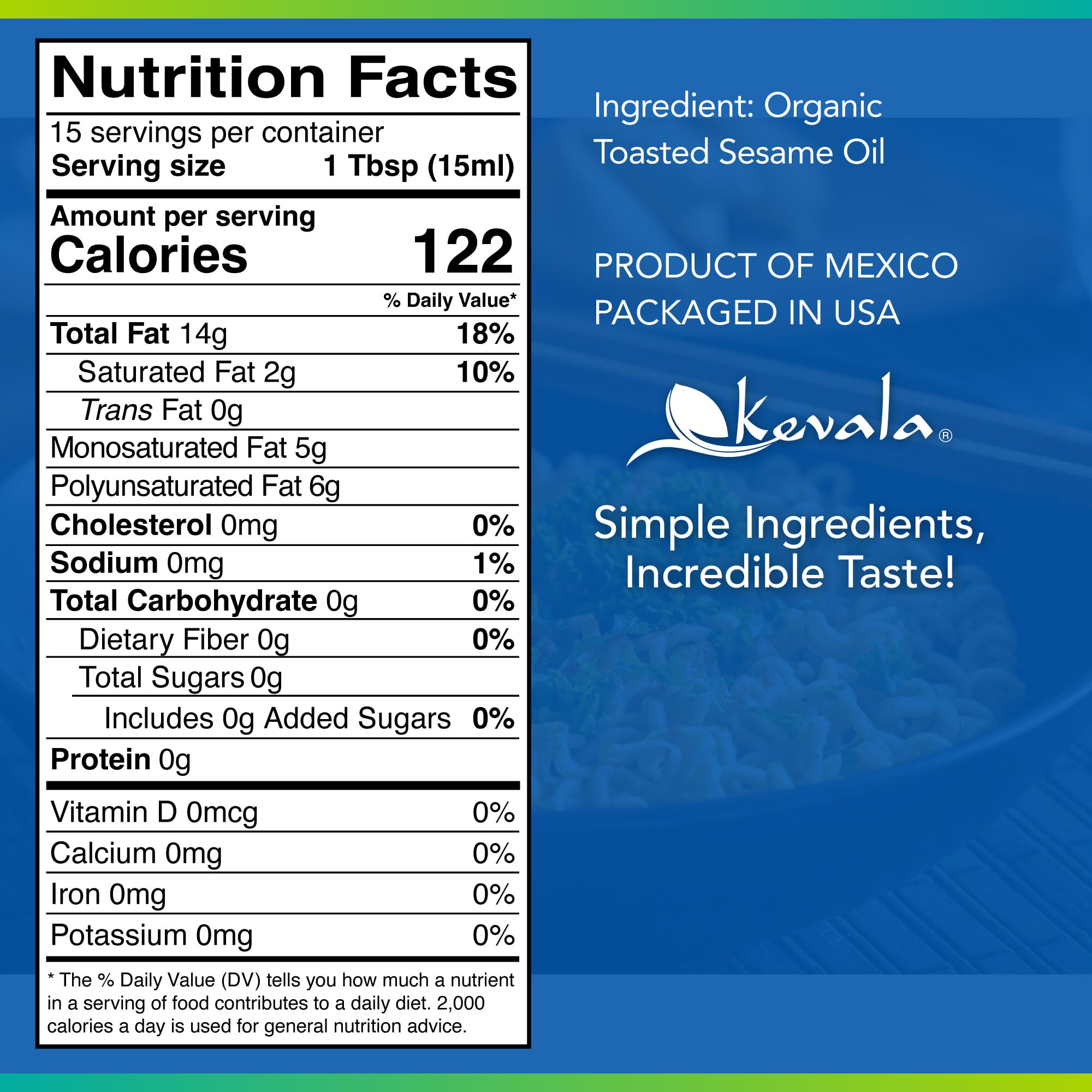 Kevala toasted sesame oil close-up, rich flavor for dressings and marinades.