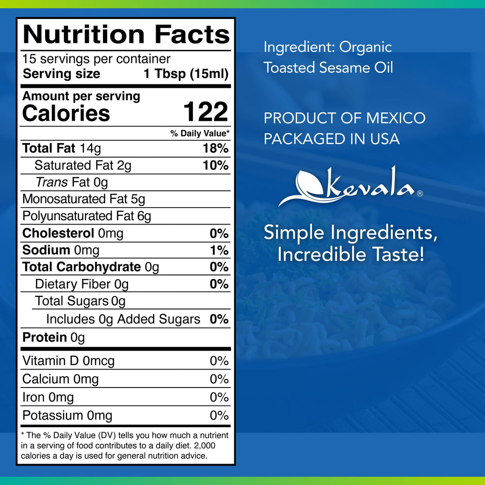 Kevala toasted sesame oil close-up, rich flavor for dressings and marinades.