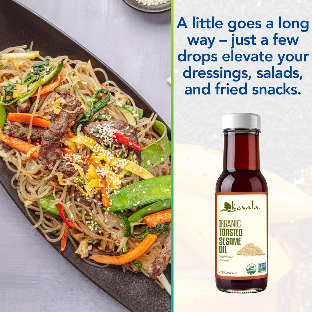 Kevala organic sesame oil in bottle ideal for finishing soups and ramen.