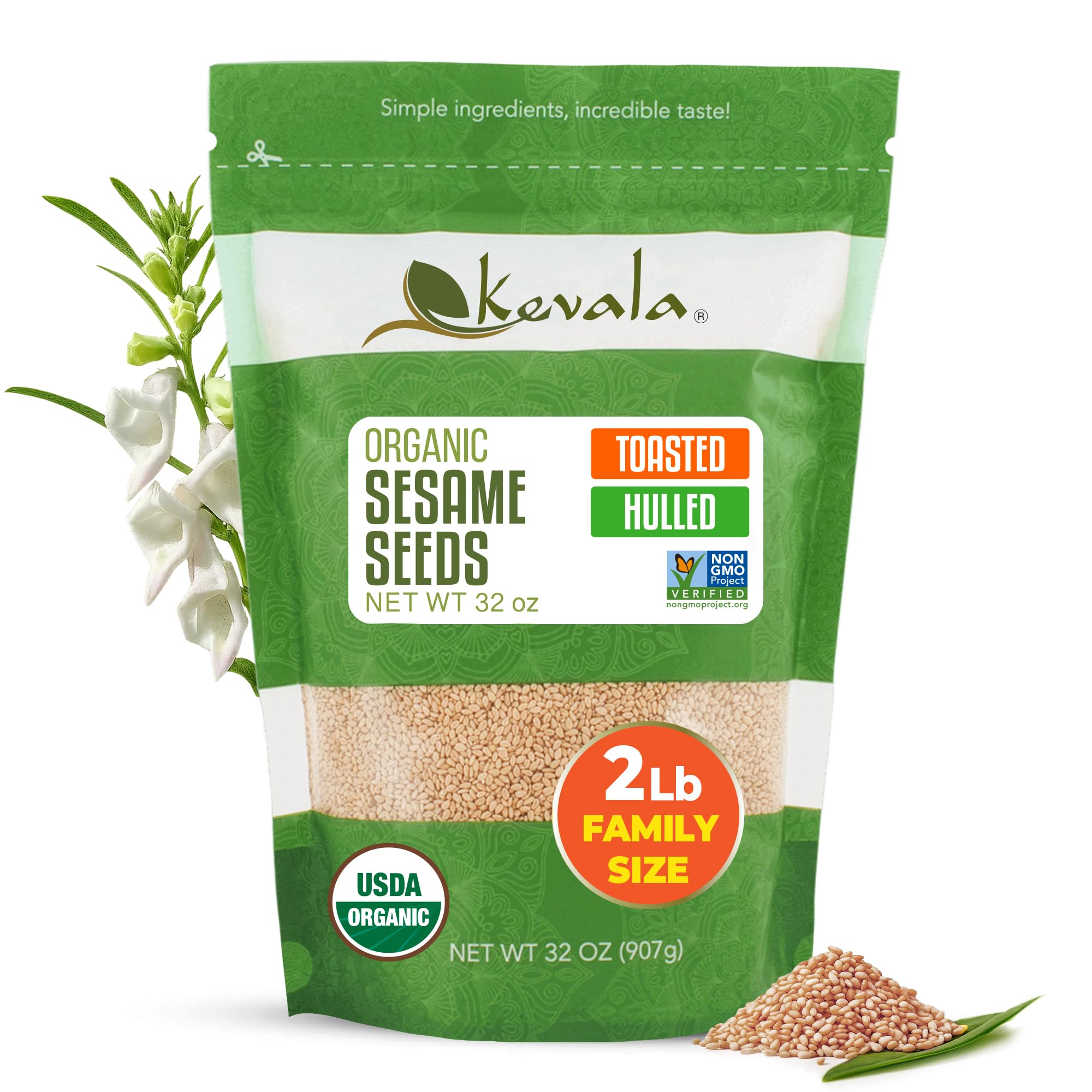 Kevala toasted sesame seeds hulled bag front: gluten-free pantry staple with rich, nutty flavor.