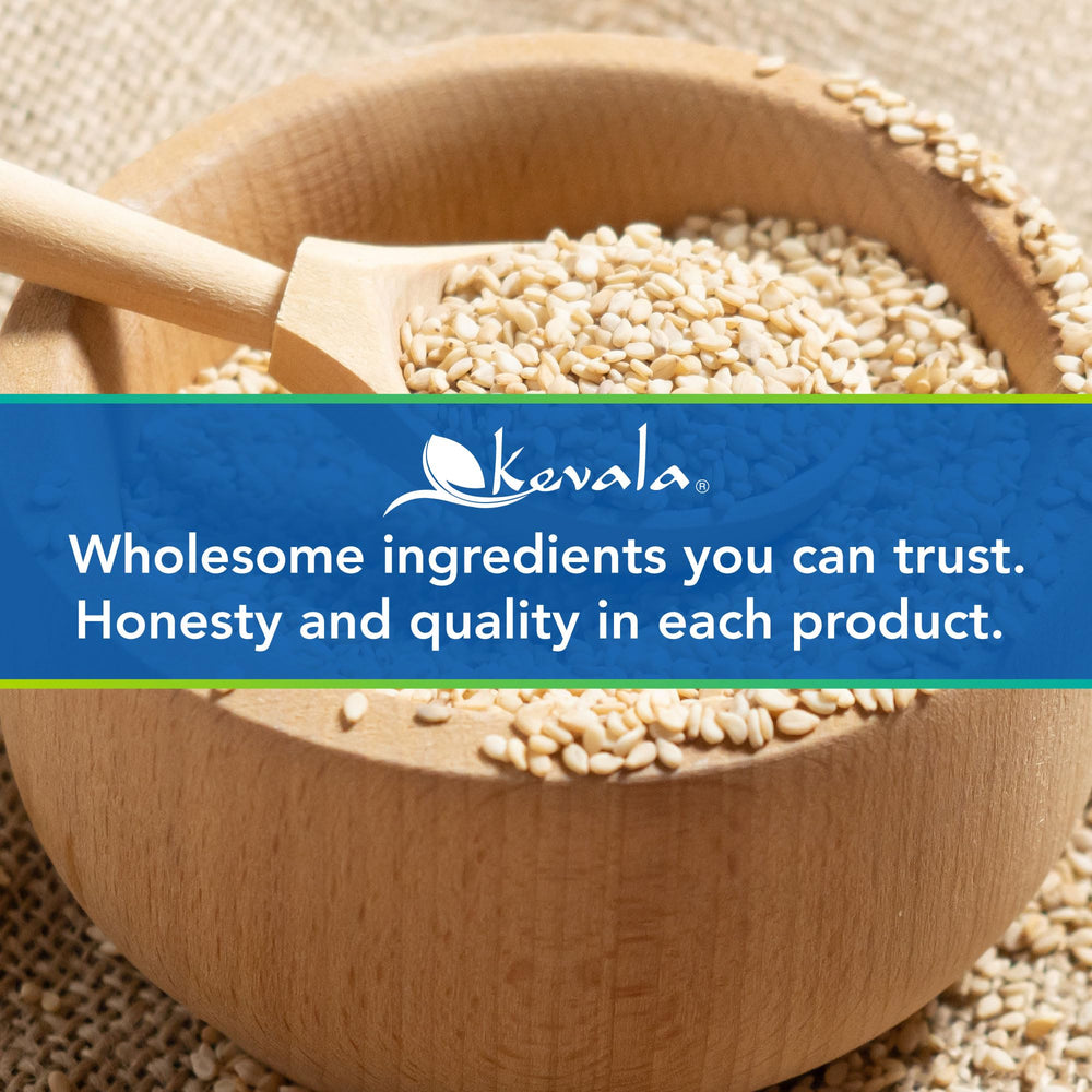 Kevala toasted sesame seeds hulled kitchen-scene: a wholesome vegan pantry staple.