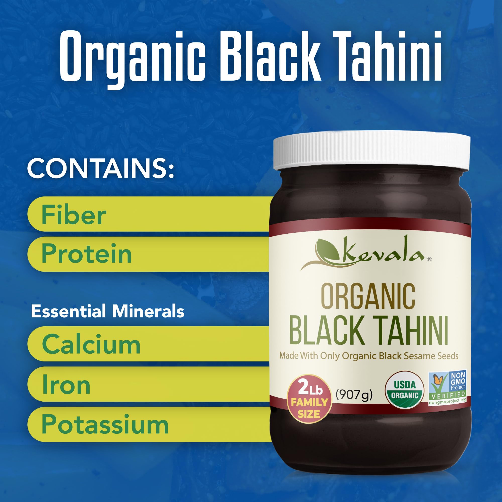 Kevala organic black tahini with USDA Organic certification for purity and vegan-friendly use