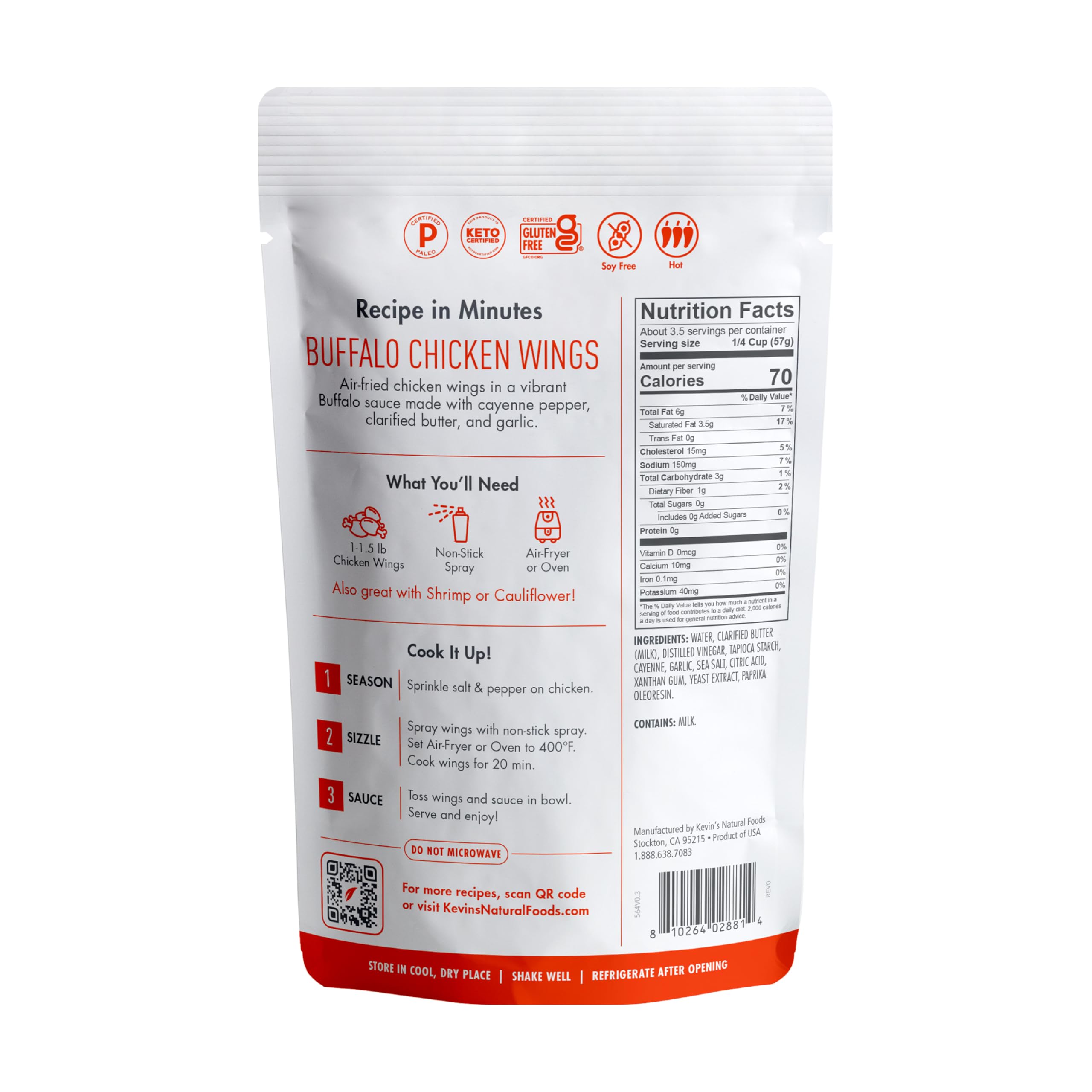 Kevin's Natural Foods Buffalo Sauce pour enables fast, flavorful weeknight meals.