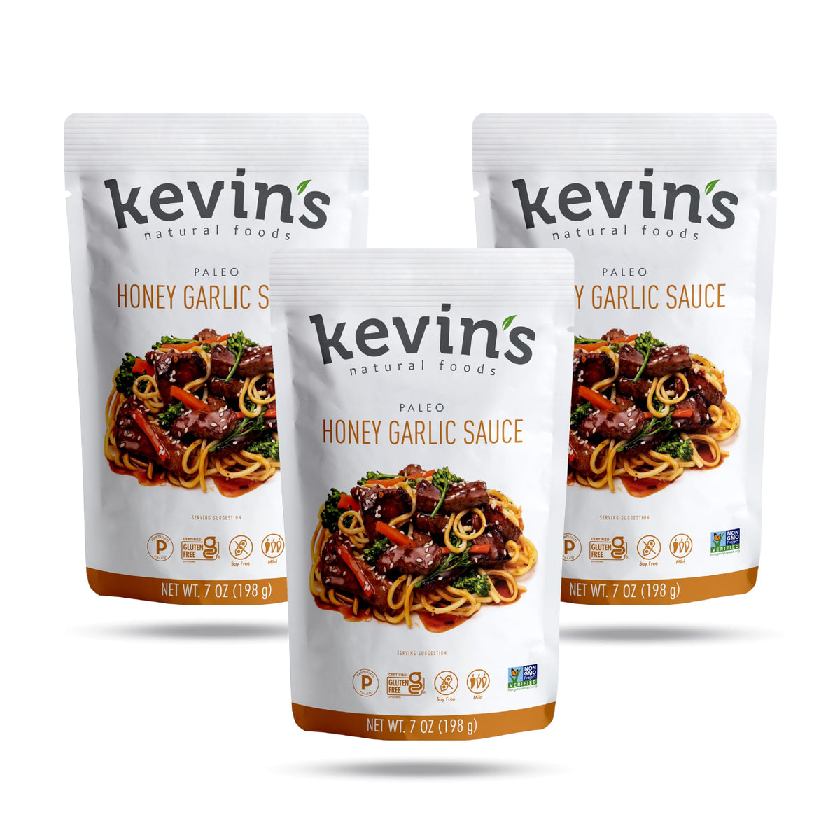 Kevin's Natural Foods Honey Garlic Sauce bottle—paleo glaze for quick meals.