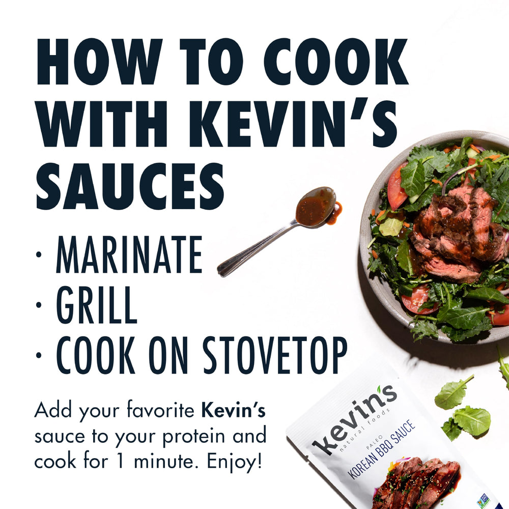 Ingredients spread beside Kevin's Korean BBQ Sauce highlighting coconut aminos and sesame.