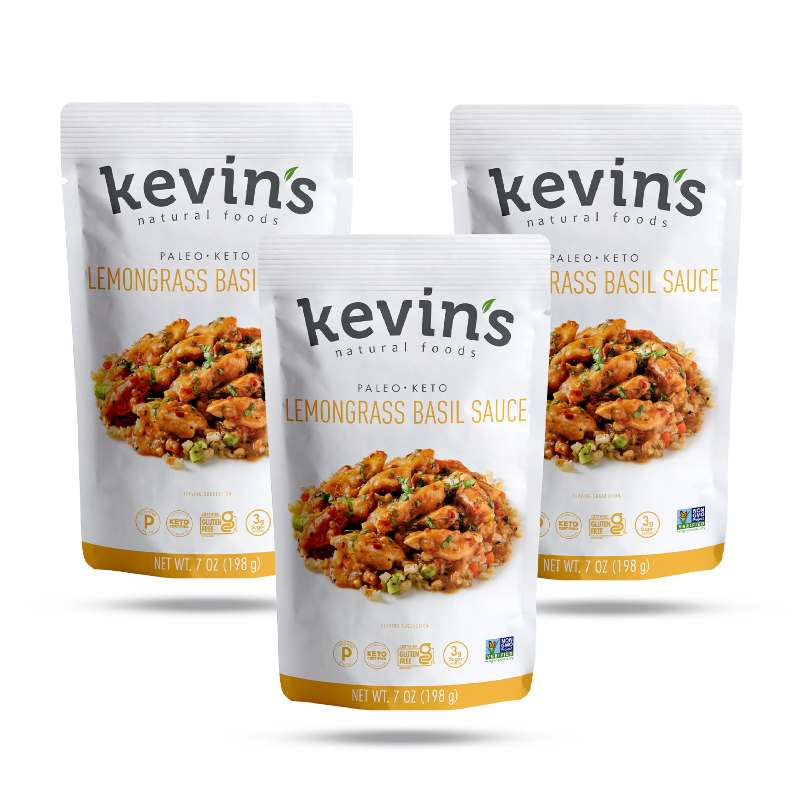 Kevin's Natural Foods Lemongrass Basil Sauce bottle pour for quick, flavorful stir-fries.