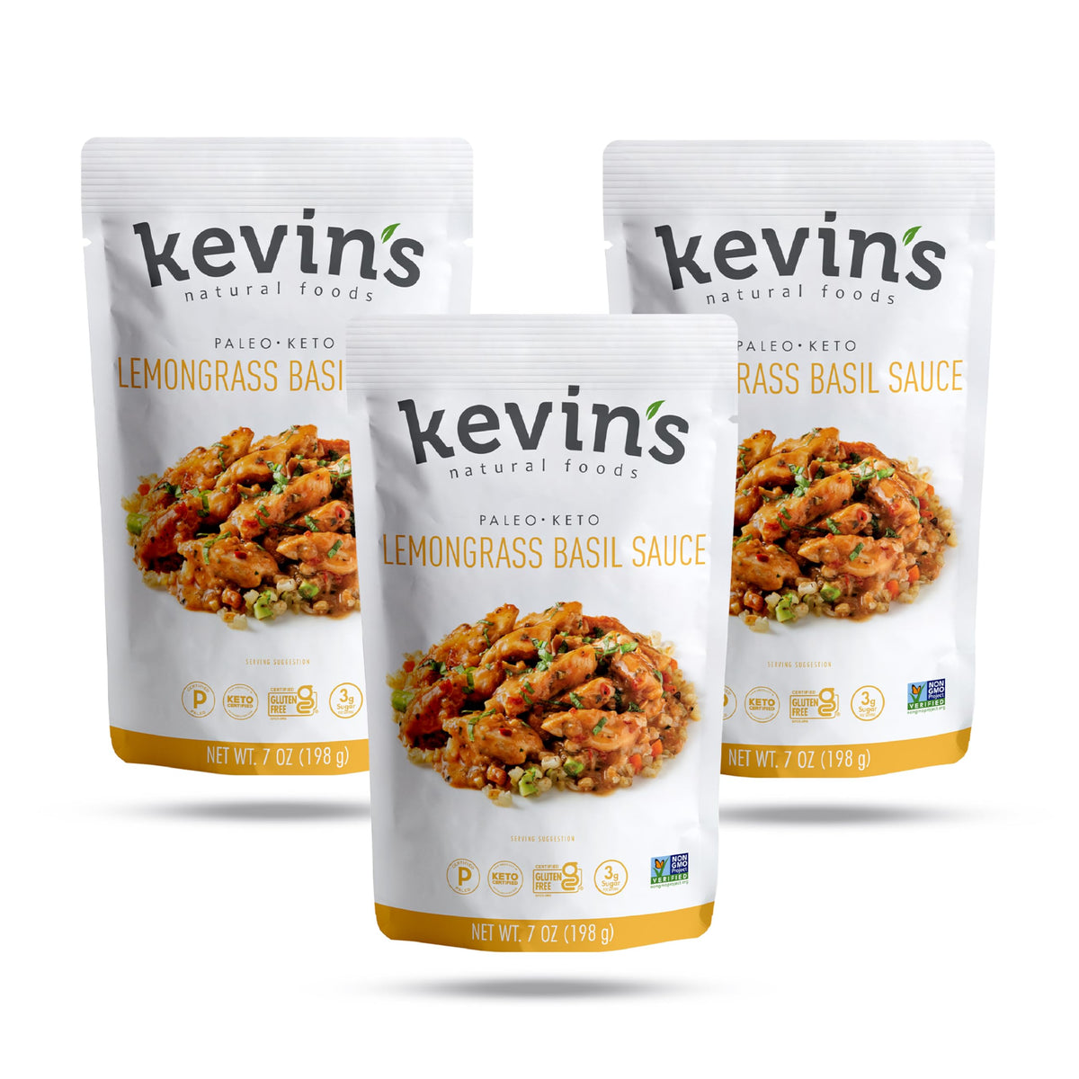 Kevin's Natural Foods Lemongrass Basil Sauce bottle pour for quick, flavorful stir-fries.