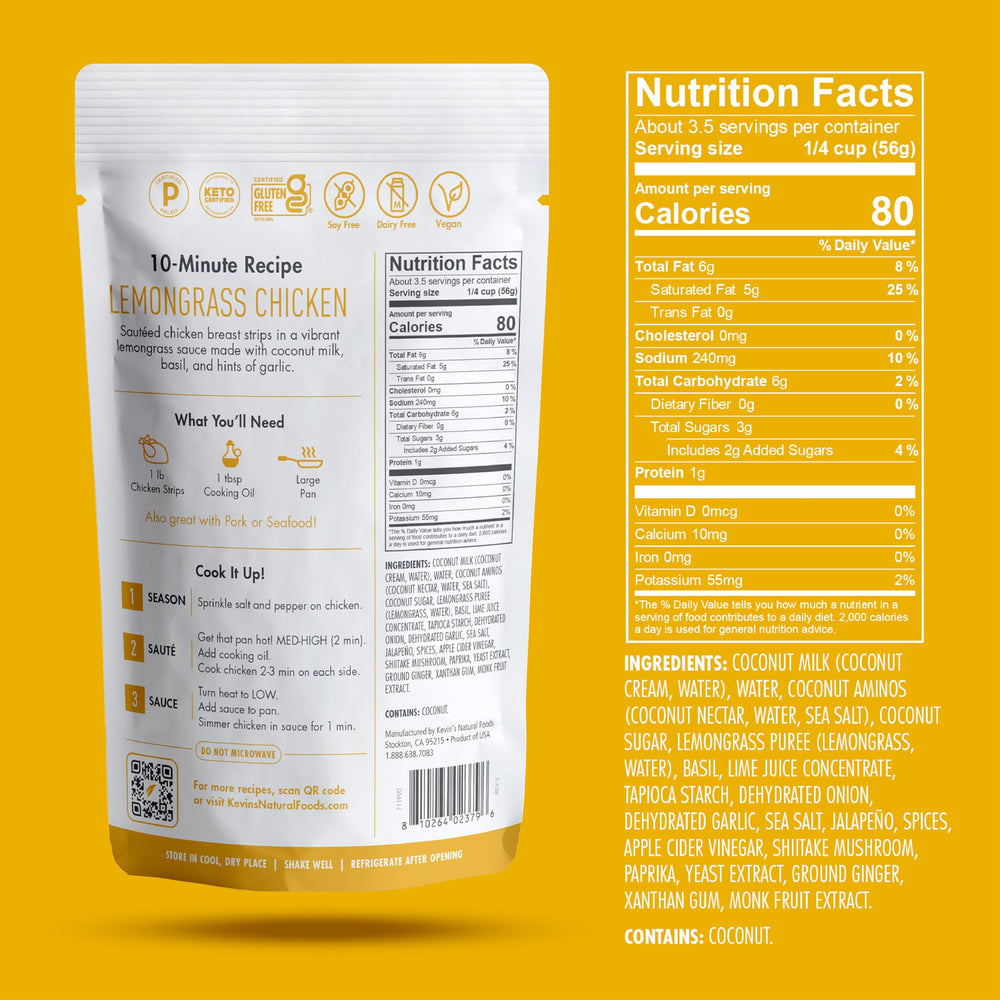 Kevin's Lemongrass Basil Sauce ingredient list highlights clean, non-GMO ingredients.