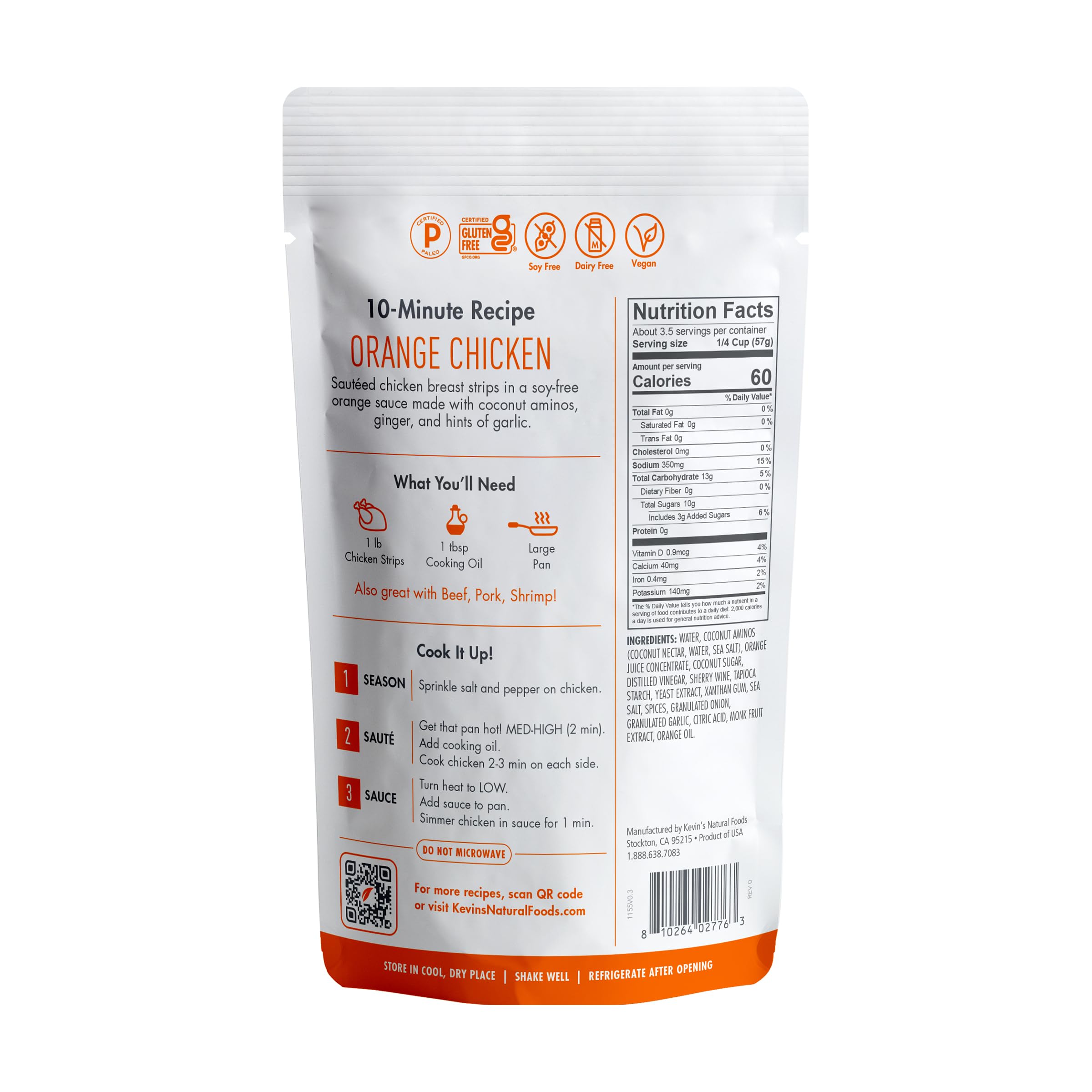 Kevin's Natural Foods orange sauce back label showing Paleo and non-GMO credits