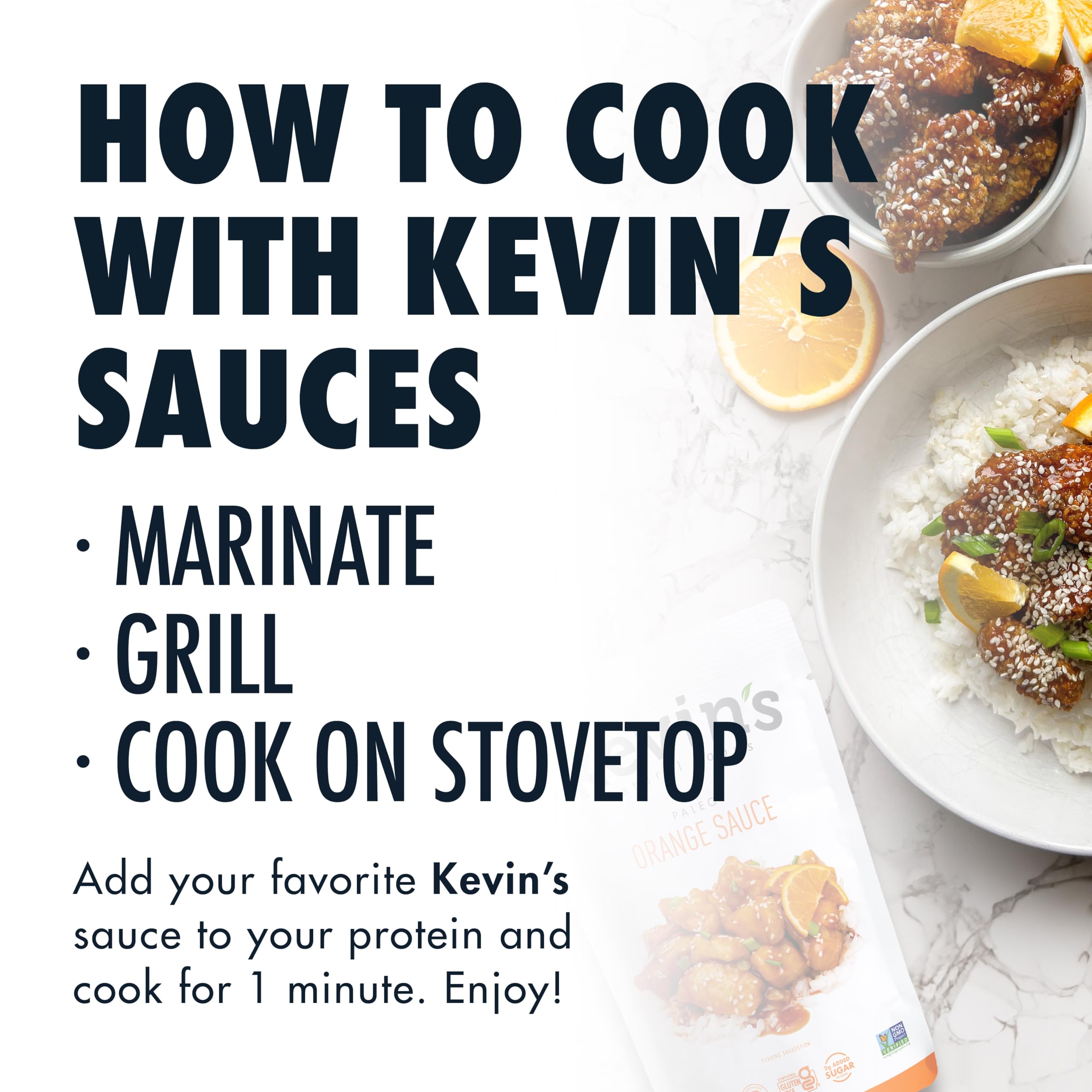 Kevin's Natural Foods orange sauce stir-fry ready in a skillet