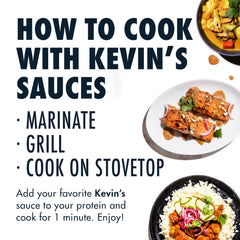 Kevin's Natural Foods bottle pour close-up, convenient pantry staple for simple sauces.