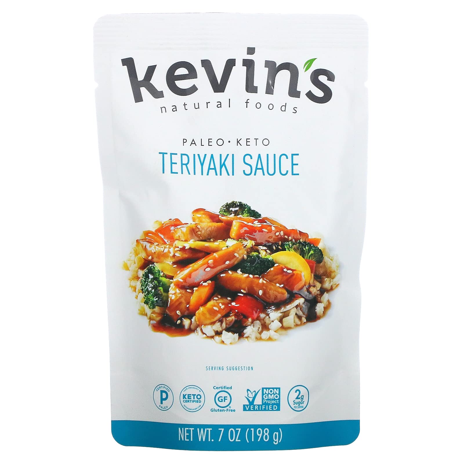 Kevins Natural Foods Teriyaki sauce bottle enhances stir-fries with glossy glaze and balanced sweetness.