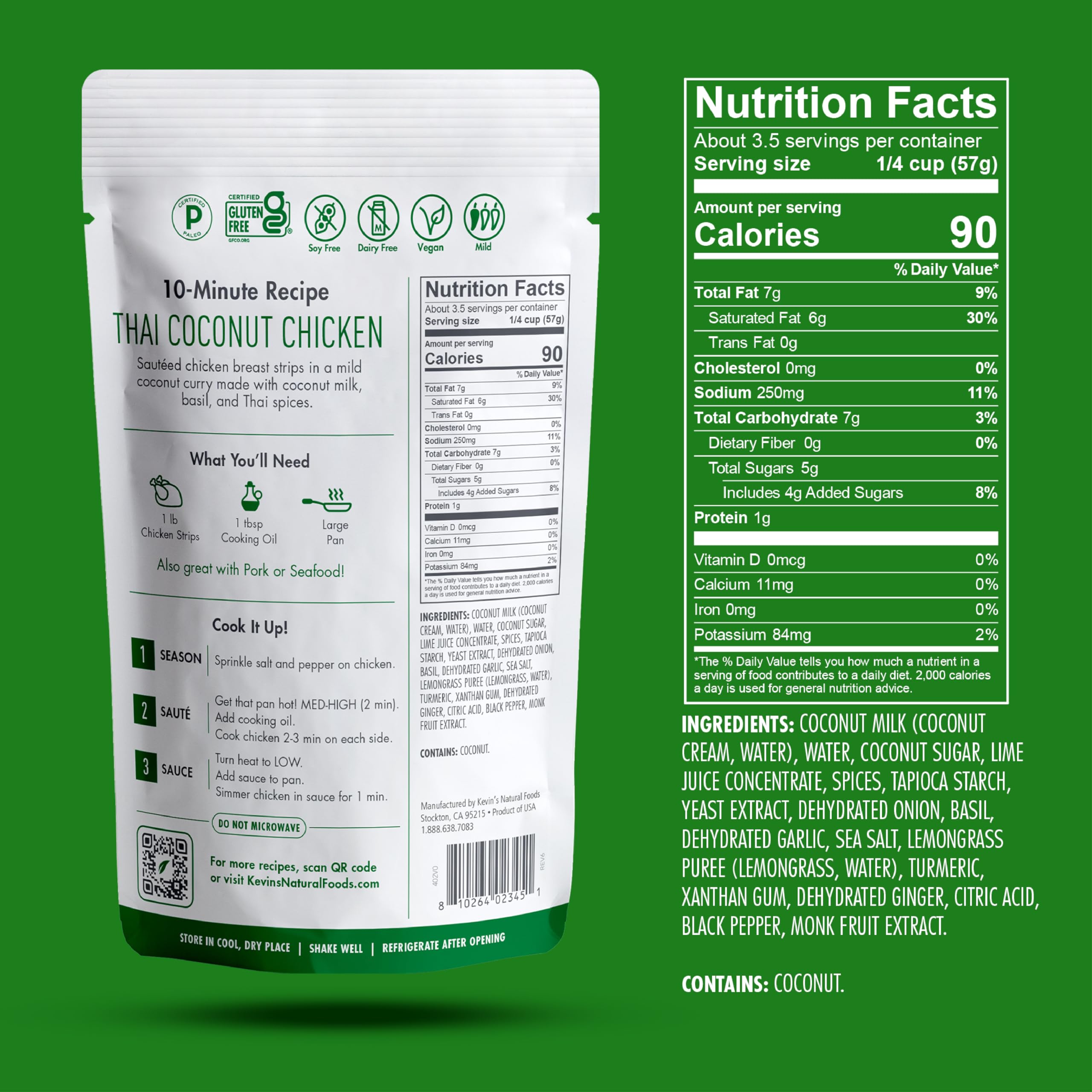 Kevin's Natural Foods Thai Coconut Sauce ingredients bowl showcases natural, preservative-free ingredients for clean flavor.