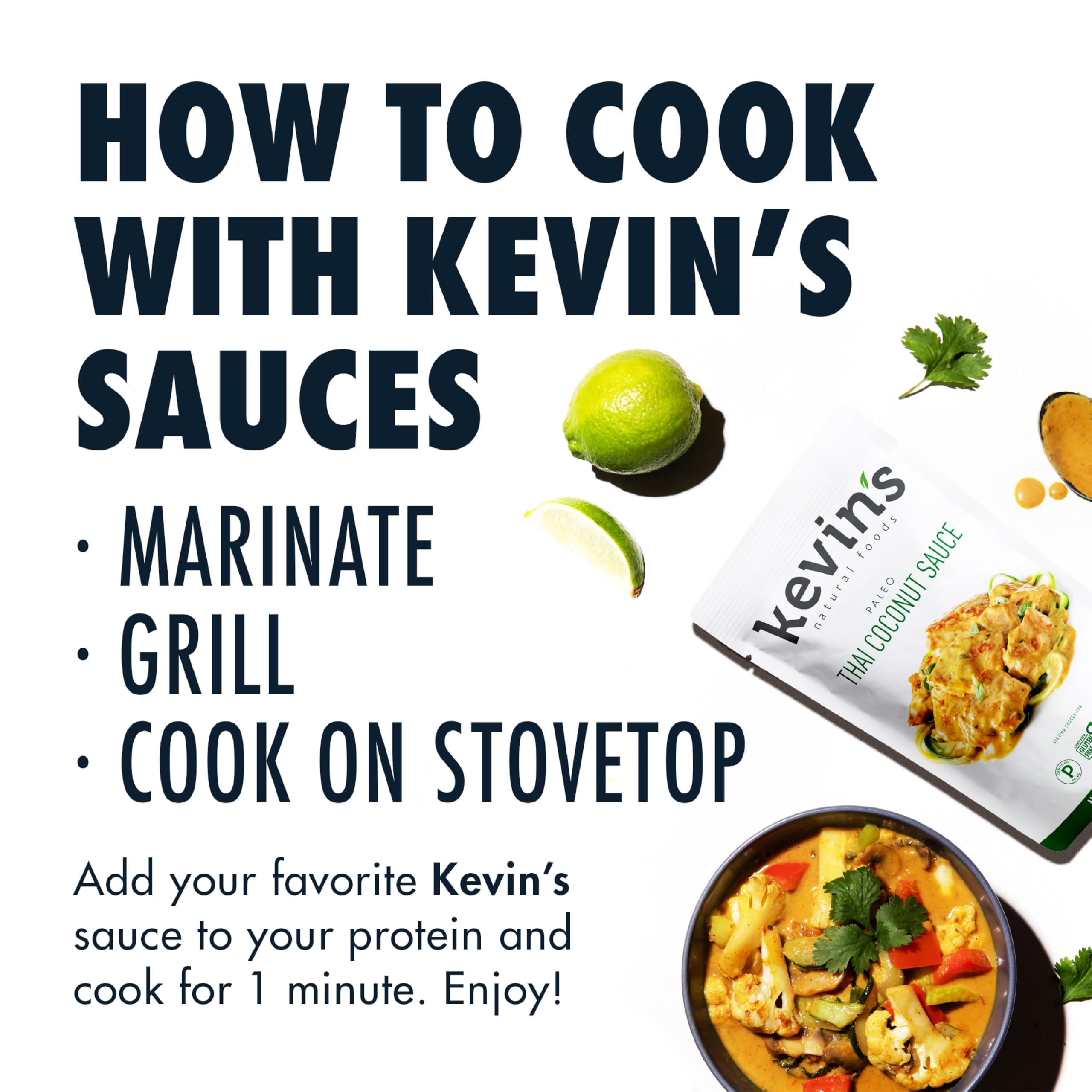 Kevin's Thai Coconut Sauce stir-fry pan shows versatility across proteins and vegetables.