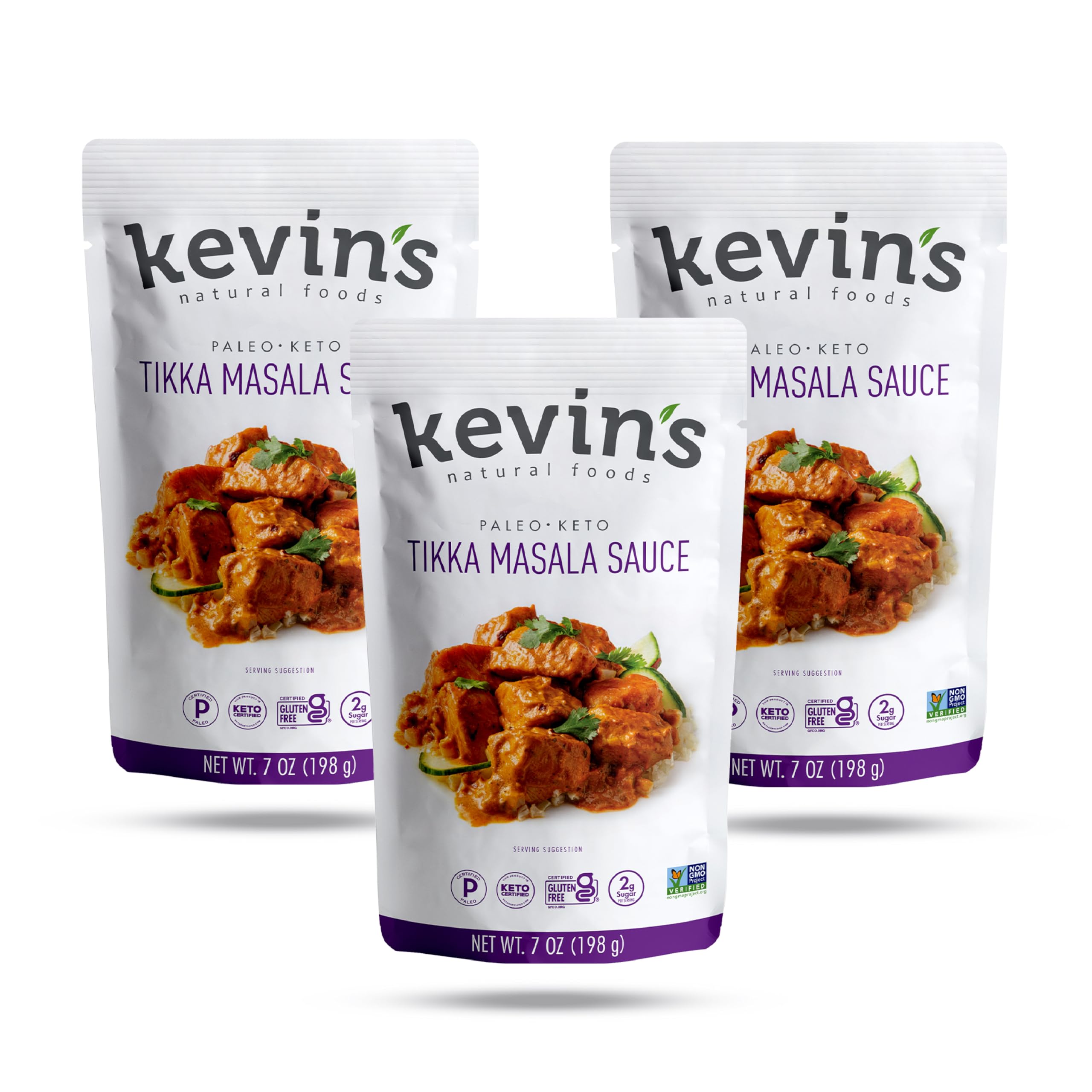 Kevin's Natural Foods Tikka Masala sauce bottle pouring for a quick weeknight dinner