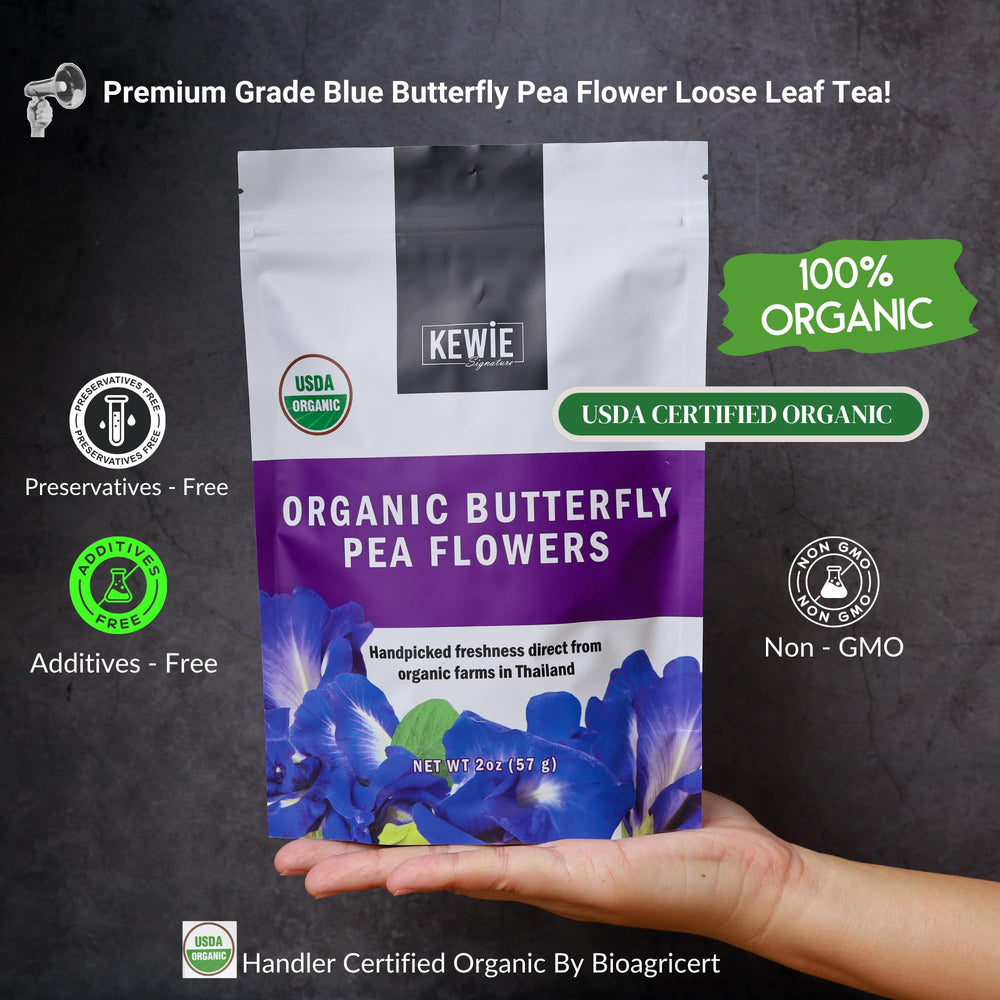 KEWIE Signature iced tea in glass displays bright blue shade