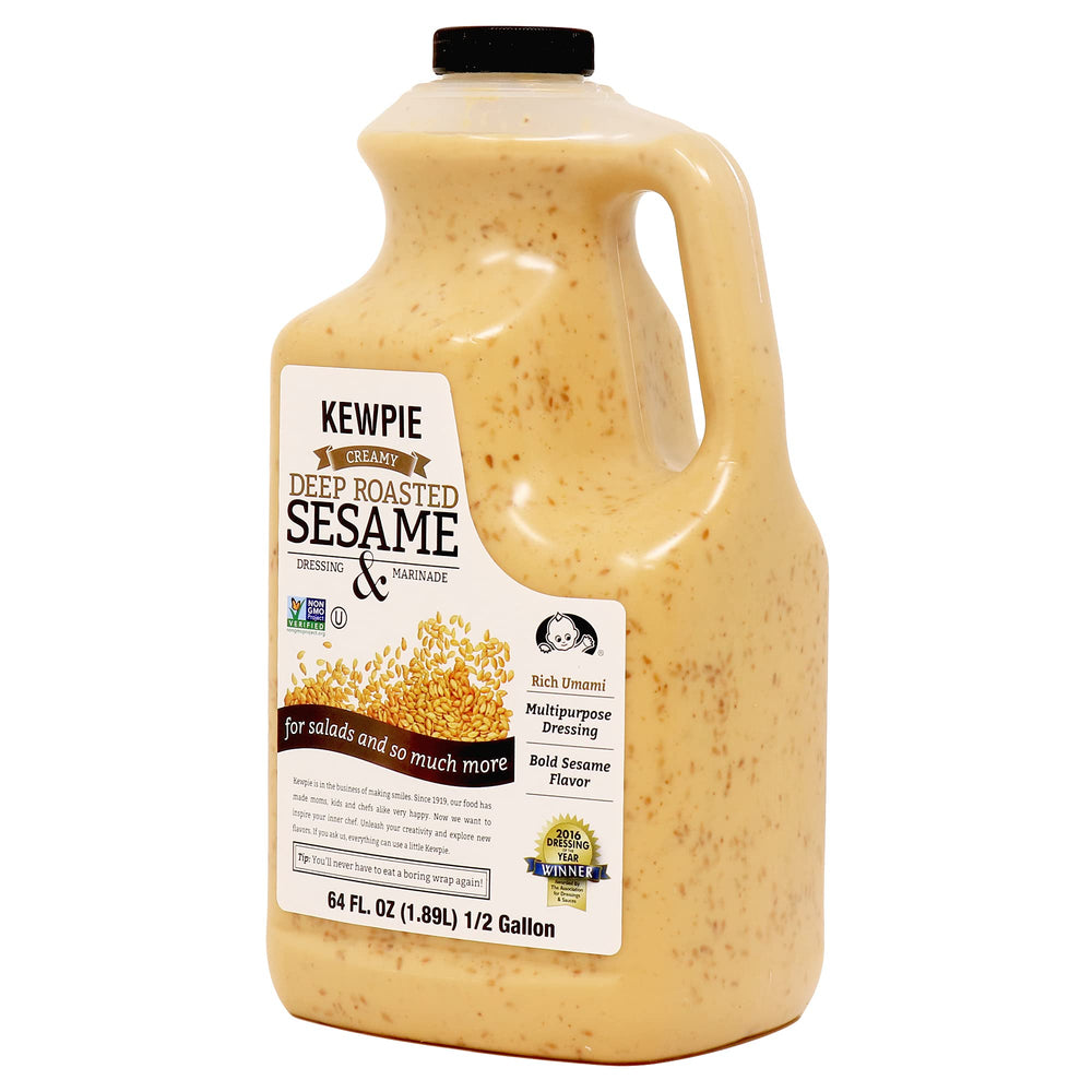 Pouring action shows Kewpie dressing ideal as a salad topping.