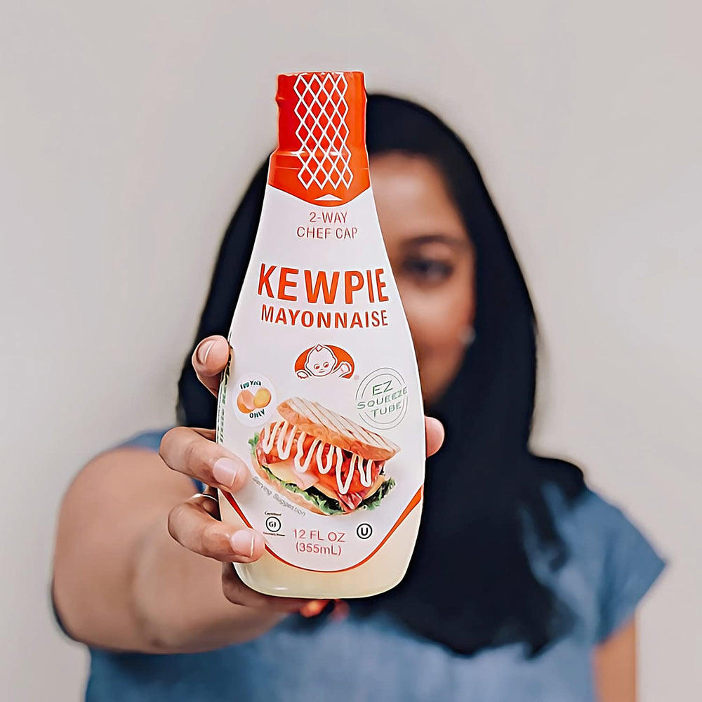 Kewpie squeeze-tube in a tidy kitchen setup for prep.