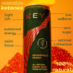 KEY Ketone Drink bottle label closeup highlighting natural ingredients