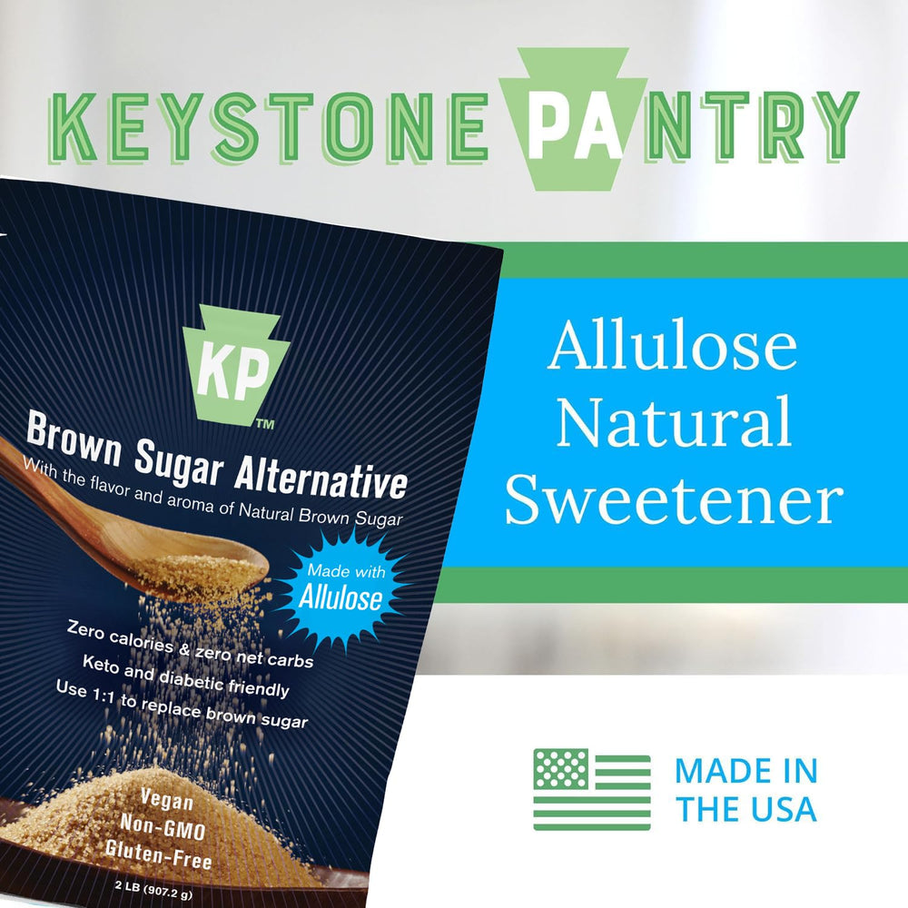 Keystone Pantry Allulose Powder being poured into a bowl for sweetening drinks.