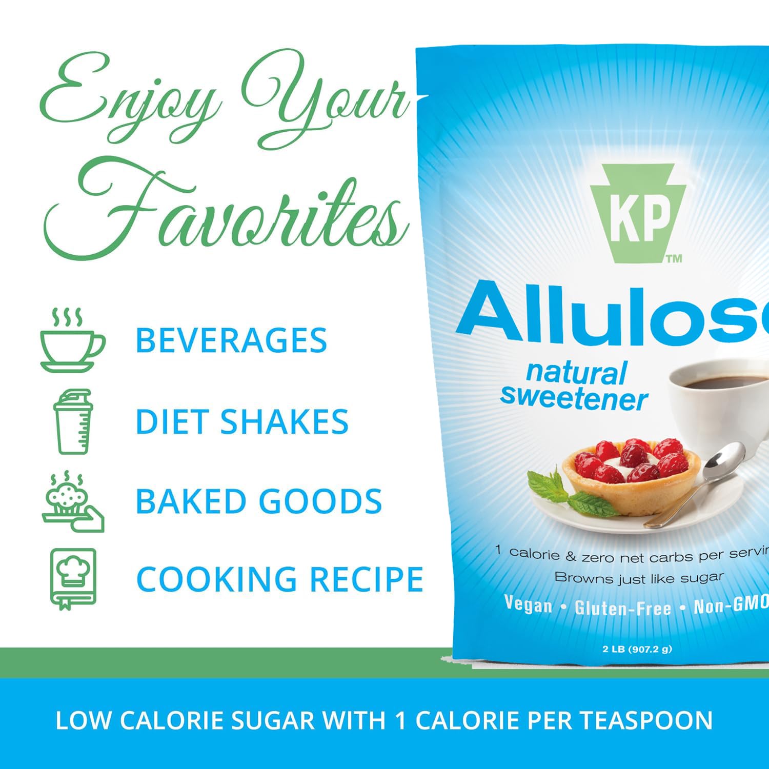 Keystone Pantry allulose label close-up emphasizing gluten-free and vegan attributes.