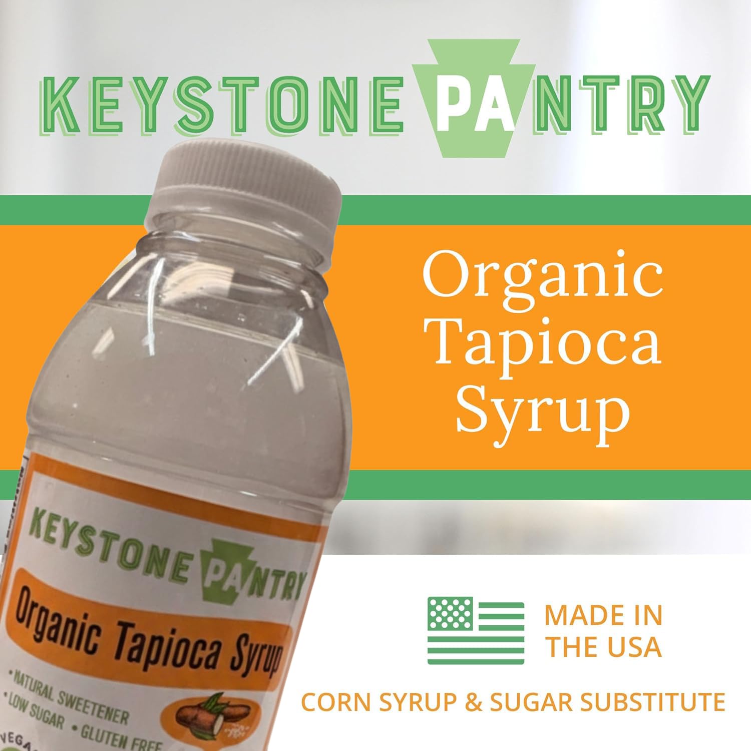 Closeup of Keystone Pantry Organic Tapioca Syrup bottle showing label and certifications.
