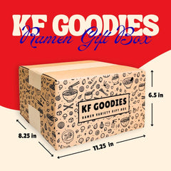 KF GOODIES ramen variety box packaging open to reveal individually sealed noodles for freshness.